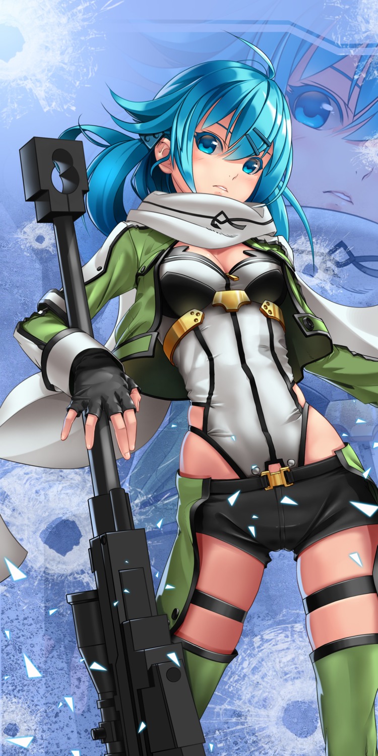 cleavage, garter, gun, gun_gale_online, leotard, sinon, stars, sword_art_online, thighhighs
