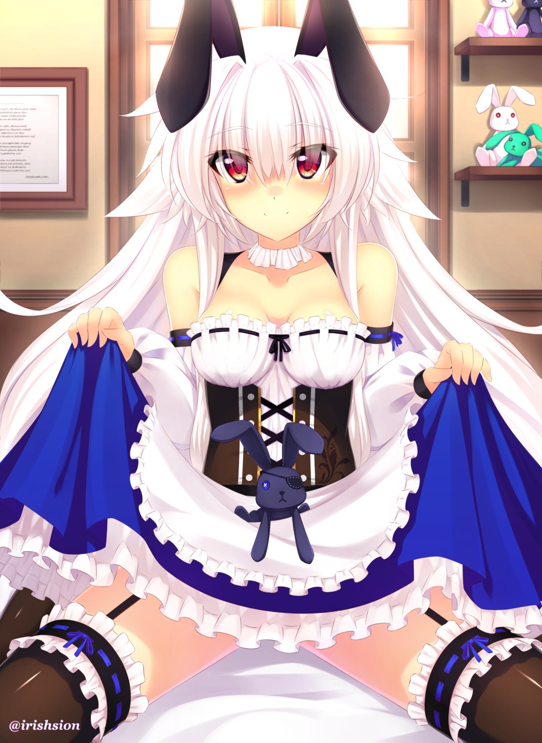 animal_ears, bunny_ears, cleavage, dress, irishsion, skirt_lift, stockings, thighhighs