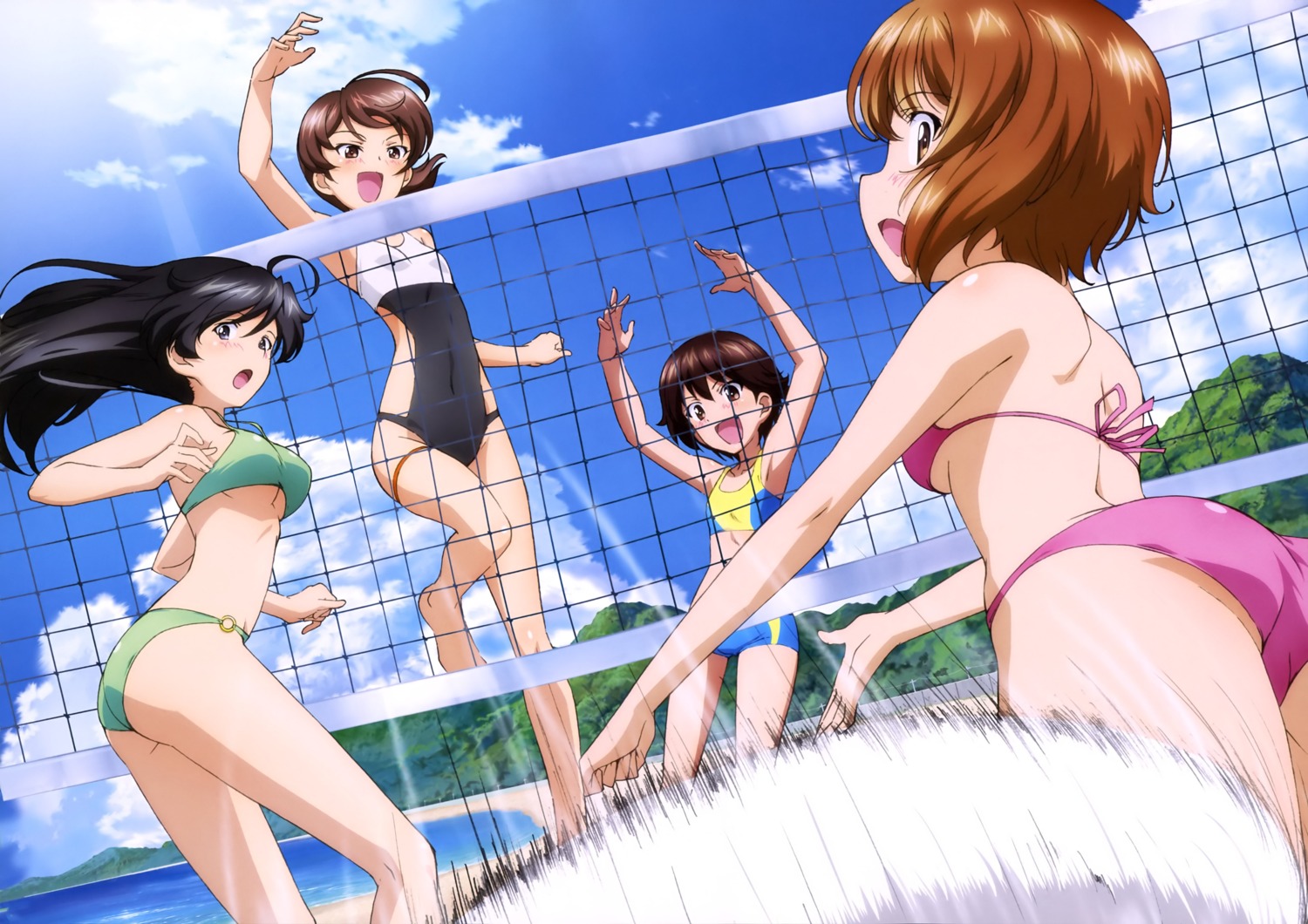 ass, bikini, girls_und_panzer, isobe_noriko, isuzu_hana, kawanishi_shinobu, nishizumi_miho, swimsuits, underboob, yoshida_nobuyoshi