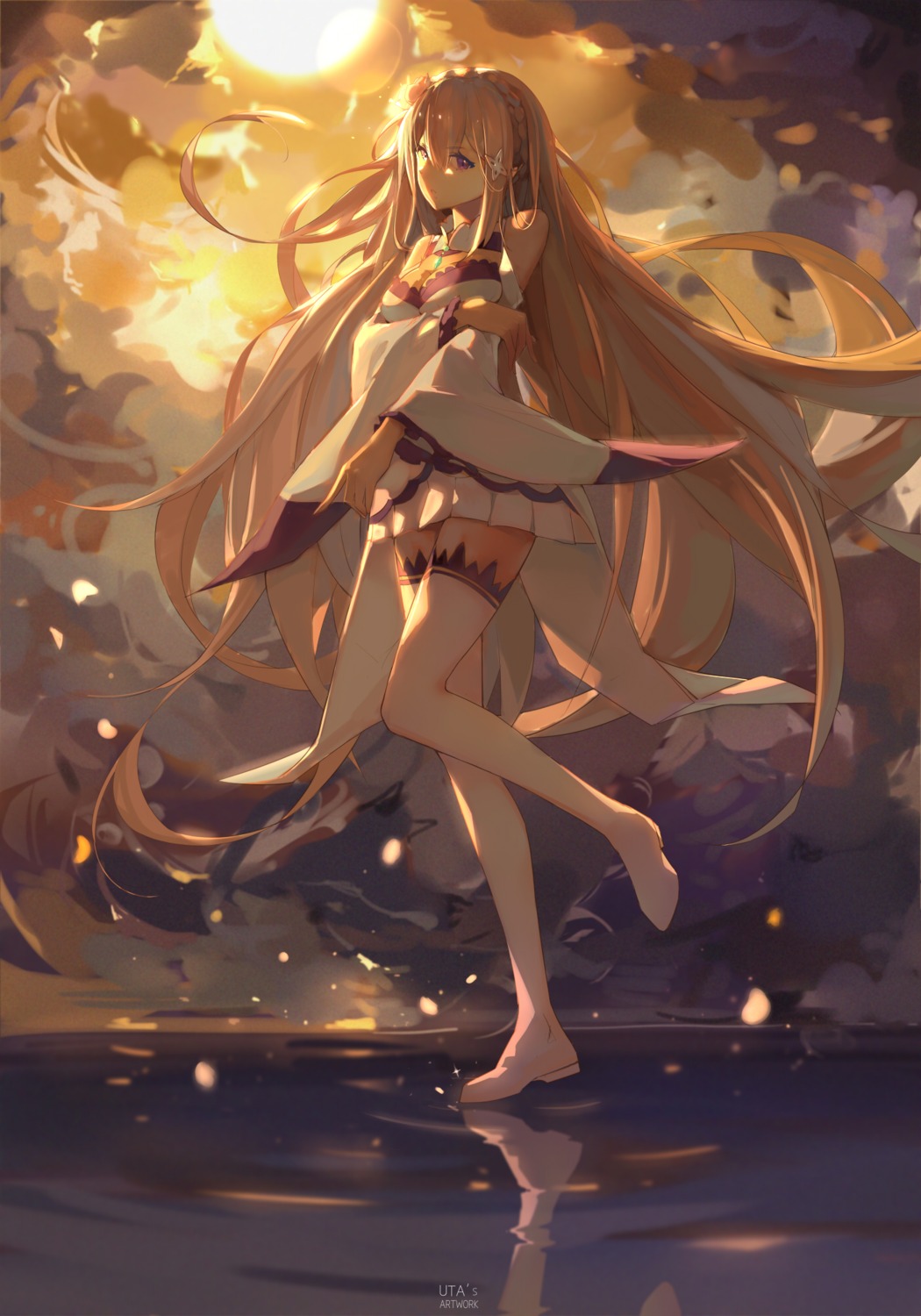 cleavage, dress, emilia_(re_zero), re:zero_kara_hajimeru_isekai_seikatsu, thighhighs, uta_(artist)