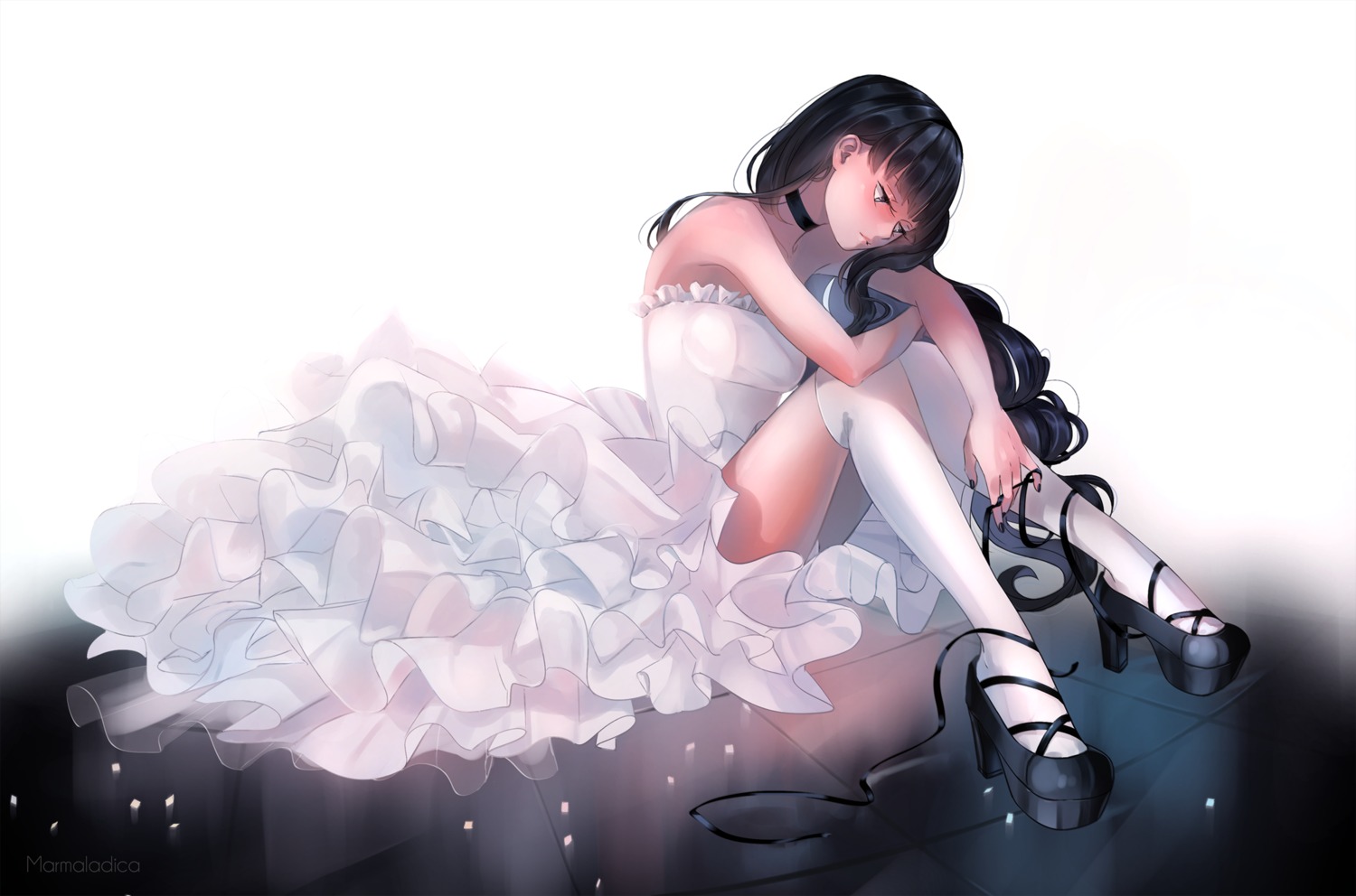 dress, heels, marmaladica, official_watermark, pantsu, thighhighs