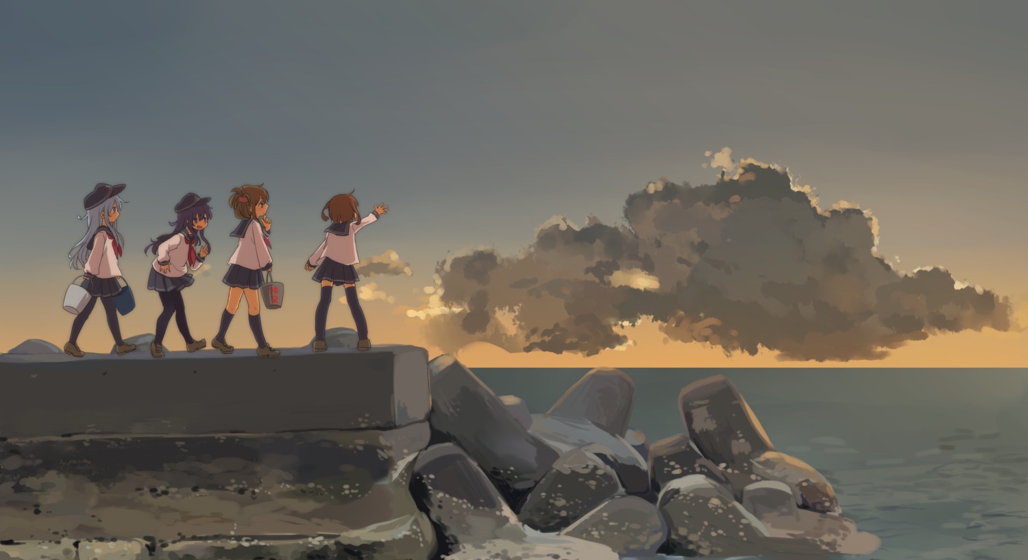 akatsuki_(kancolle), hibiki_(kancolle), ikazuchi_(kancolle), inazuma_(kancolle), kantai_collection, landscape, motohara_moka, pantyhose, seifuku, thighhighs