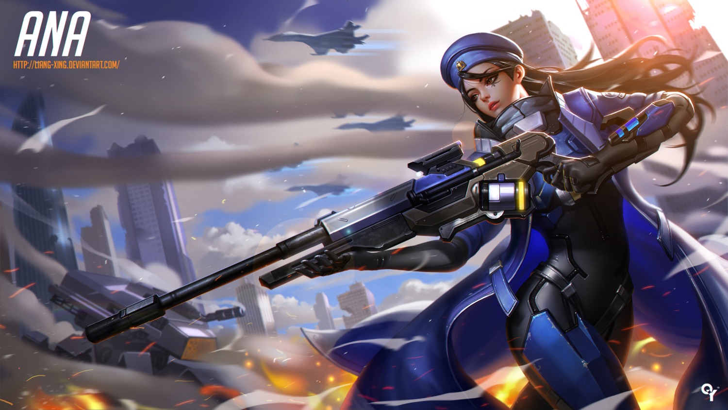 ana_(overwatch), bodysuit, gun, liang_xing, overwatch, tattoo