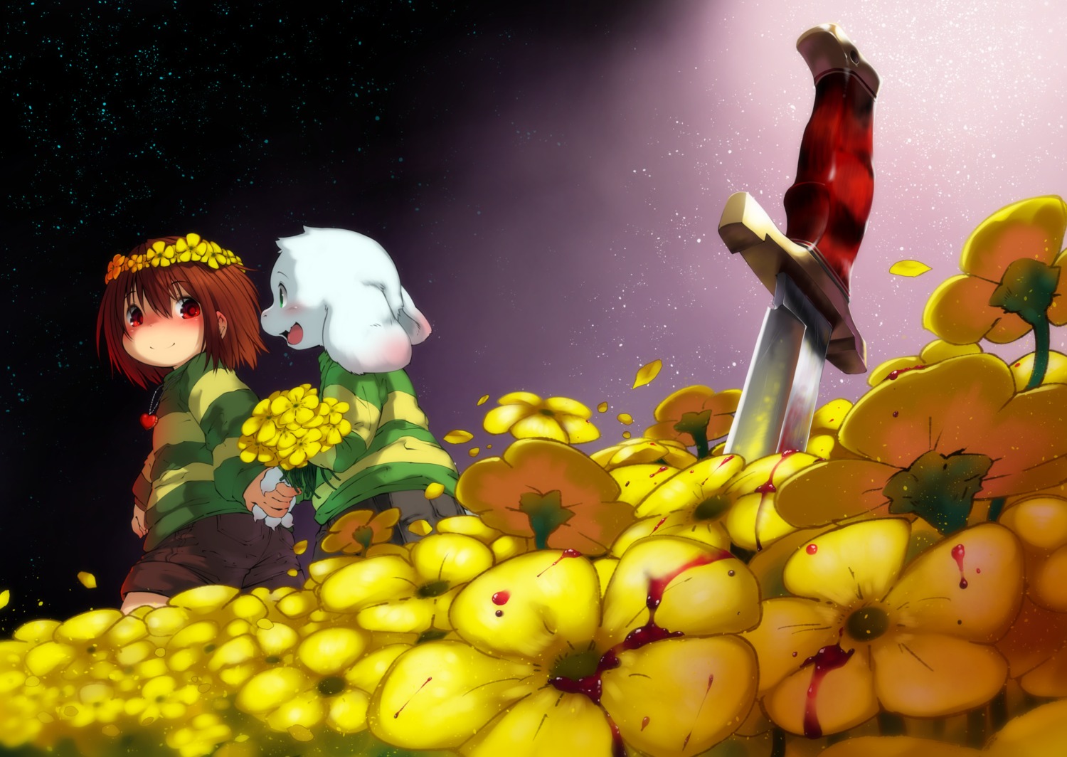 asriel_dreemurr, blood, chara, rai-rai, sword, undertale
