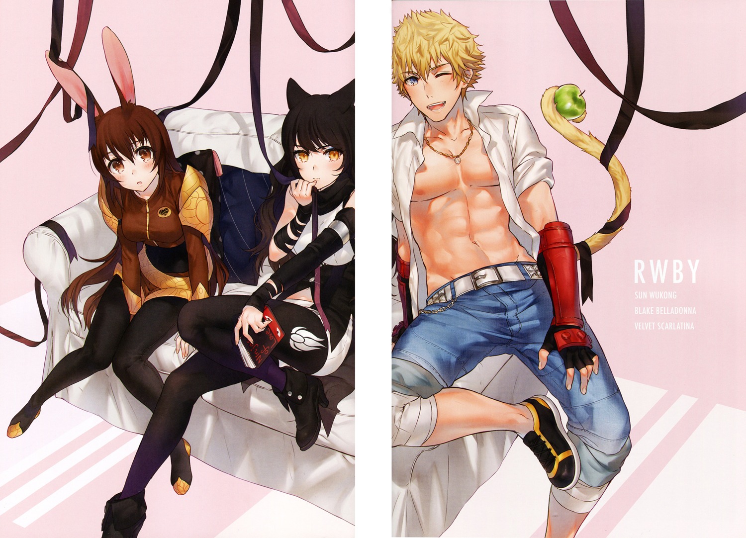 animal_ears, armor, blake_belladonna, bunny_ears, fixme, gap, heels, kippu, nekomimi, pantyhose, rwby, sun_wukong, tail, velvet_scarlatina