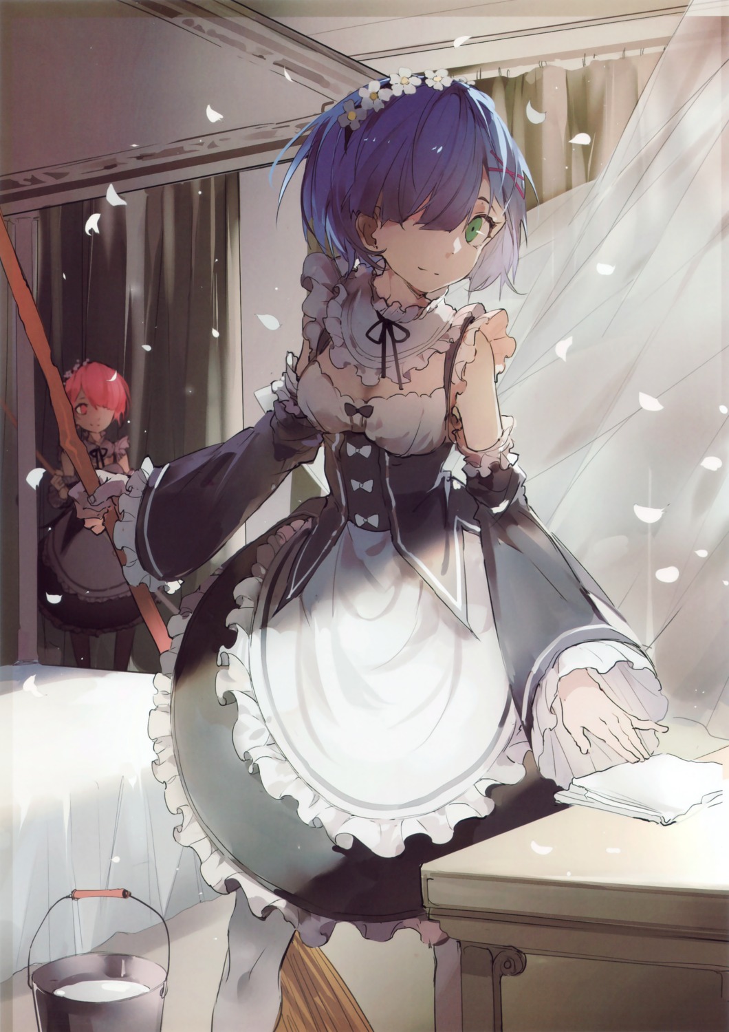 cleavage, maid, nine_(liuyuhao1992), ram_(re_zero), re:zero_kara_hajimeru_isekai_seikatsu, rem_(re_zero)