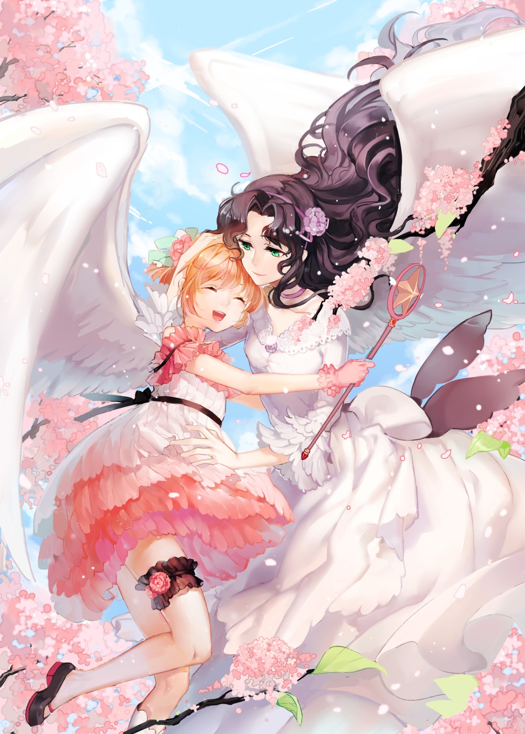card_captor_sakura, dress, garter, kinomoto_nadeshiko, kinomoto_sakura, weapon, wings, yanye