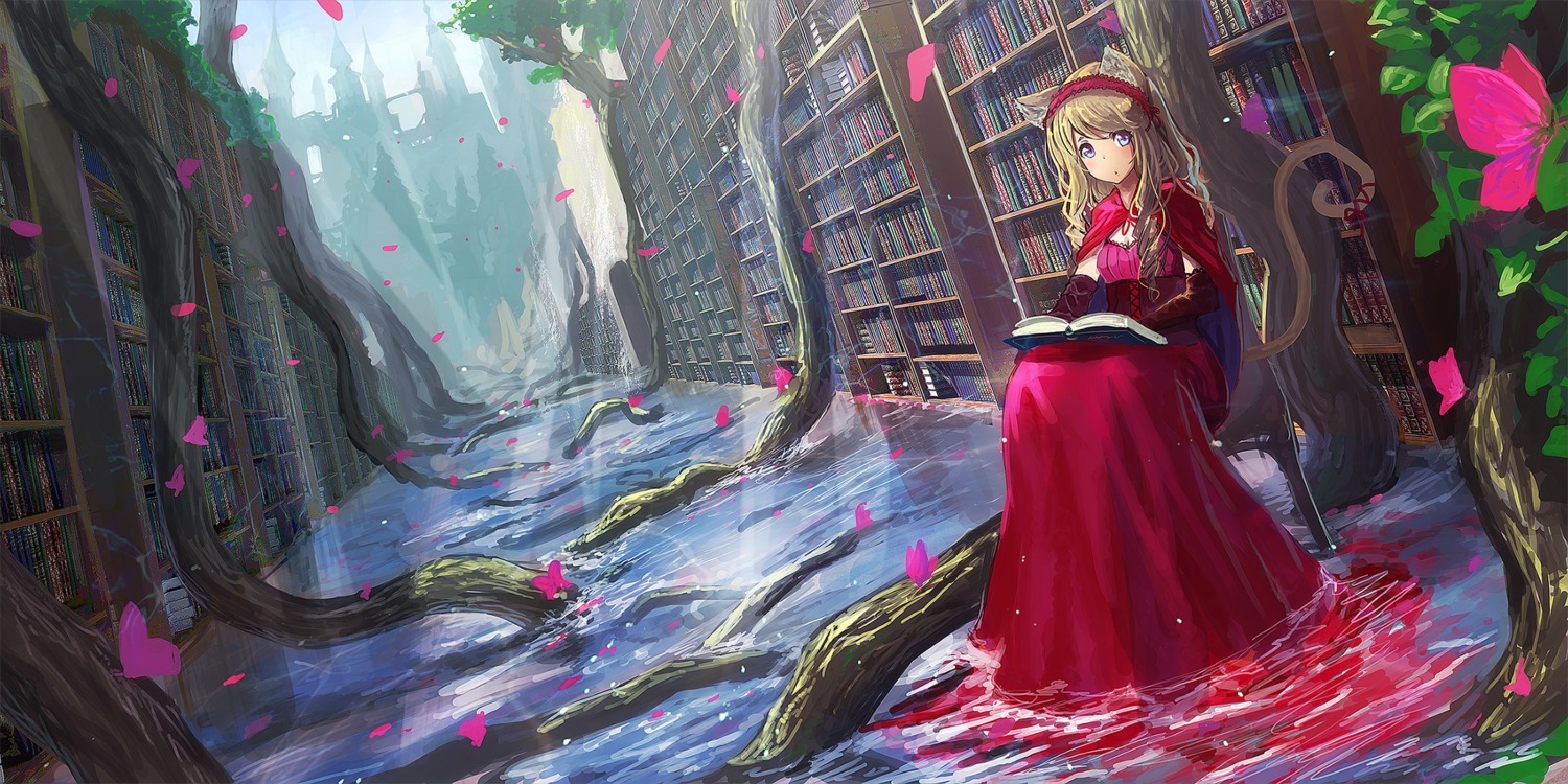 animal_ears, dress, landscape, nekomimi, oota_youjo, tail, wet