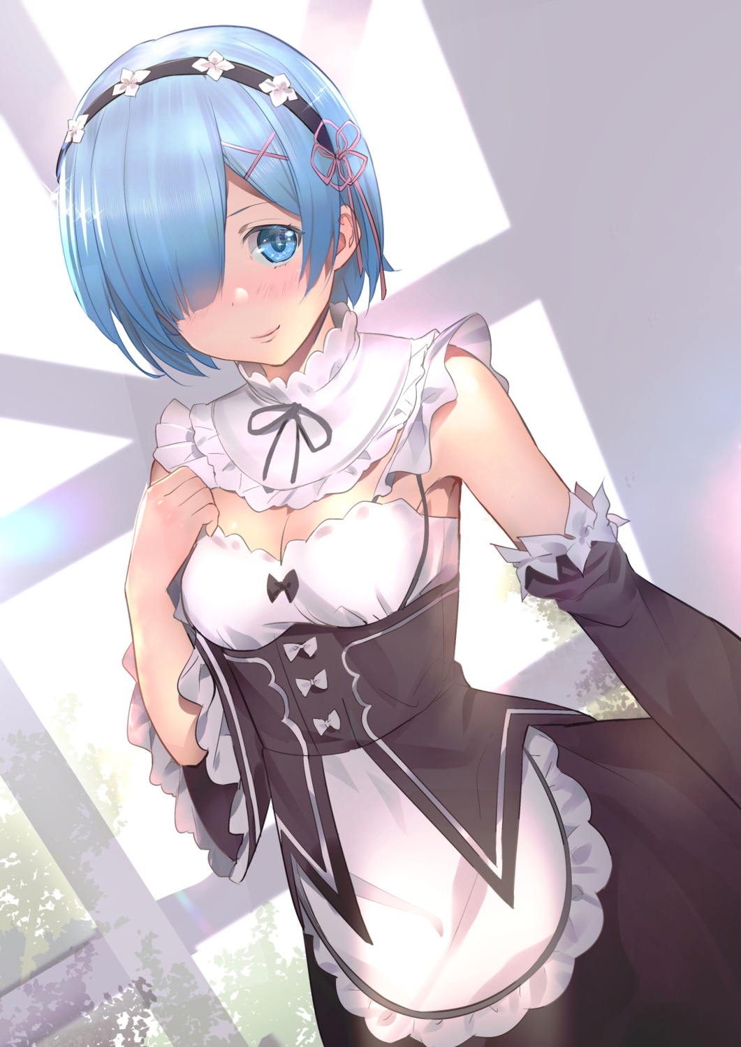 akechi_shizuku, cleavage, maid, re:zero_kara_hajimeru_isekai_seikatsu, rem_(re_zero)