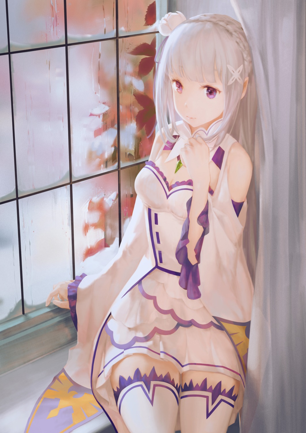 cleavage, elf, emilia_(re_zero), jq, pointy_ears, re:zero_kara_hajimeru_isekai_seikatsu, thighhighs