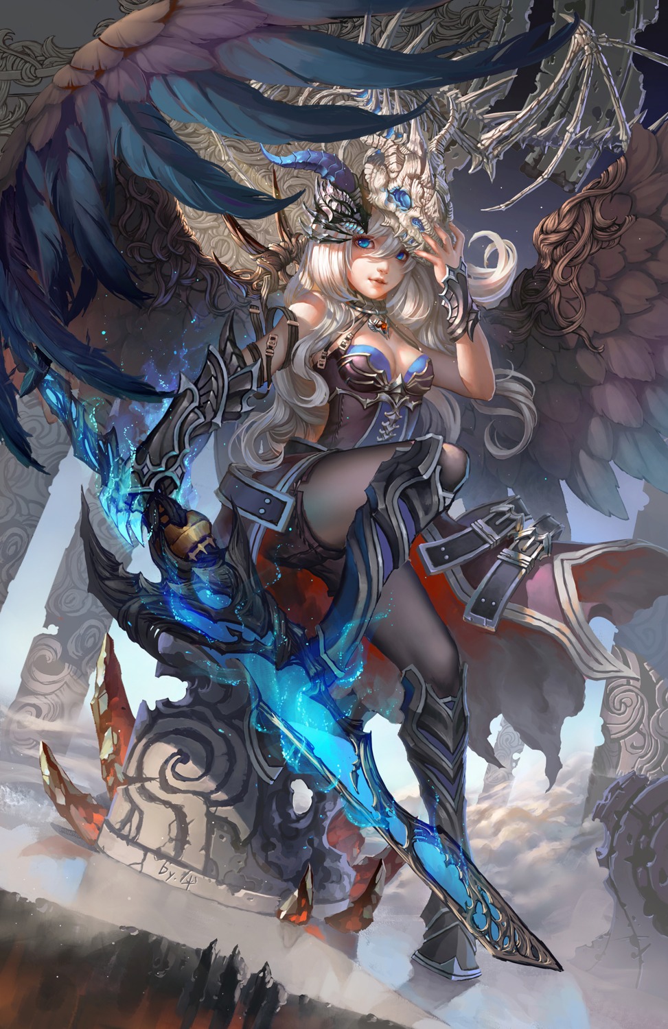 armor, cleavage, horns, kusi_de_san_gu, pantyhose, sword, wings