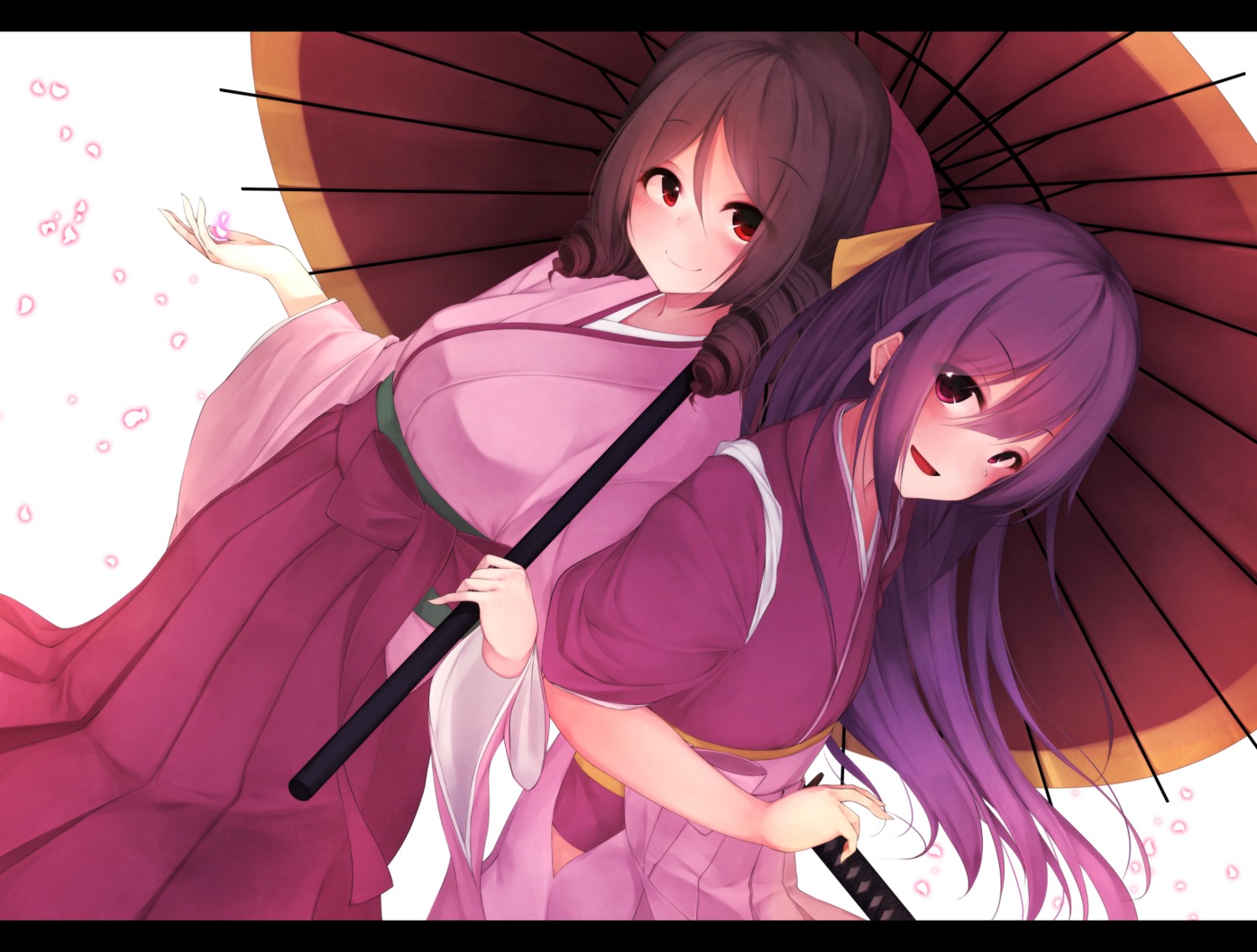 harukaze_(kancolle), japanese_clothes, kamikaze_(kancolle), kantai_collection, rerrere, sword, umbrella