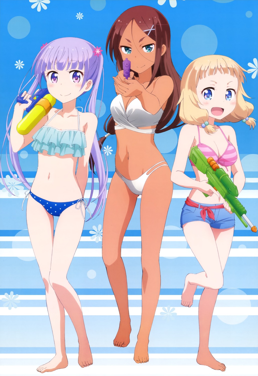 ahagon_umiko, bikini, bikini_top, cleavage, feet, gun, kikunaga_chisato, new_game!, sakura_nene, suzukaze_aoba, swimsuits