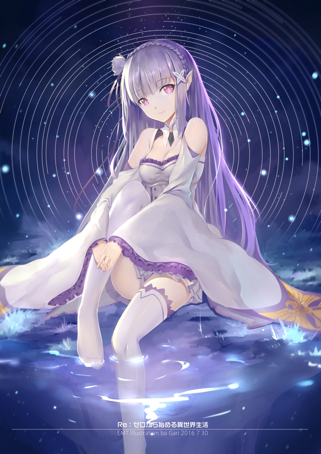 cleavage, elf, emilia_(re_zero), gari, pointy_ears, re:zero_kara_hajimeru_isekai_seikatsu, thighhighs, wet