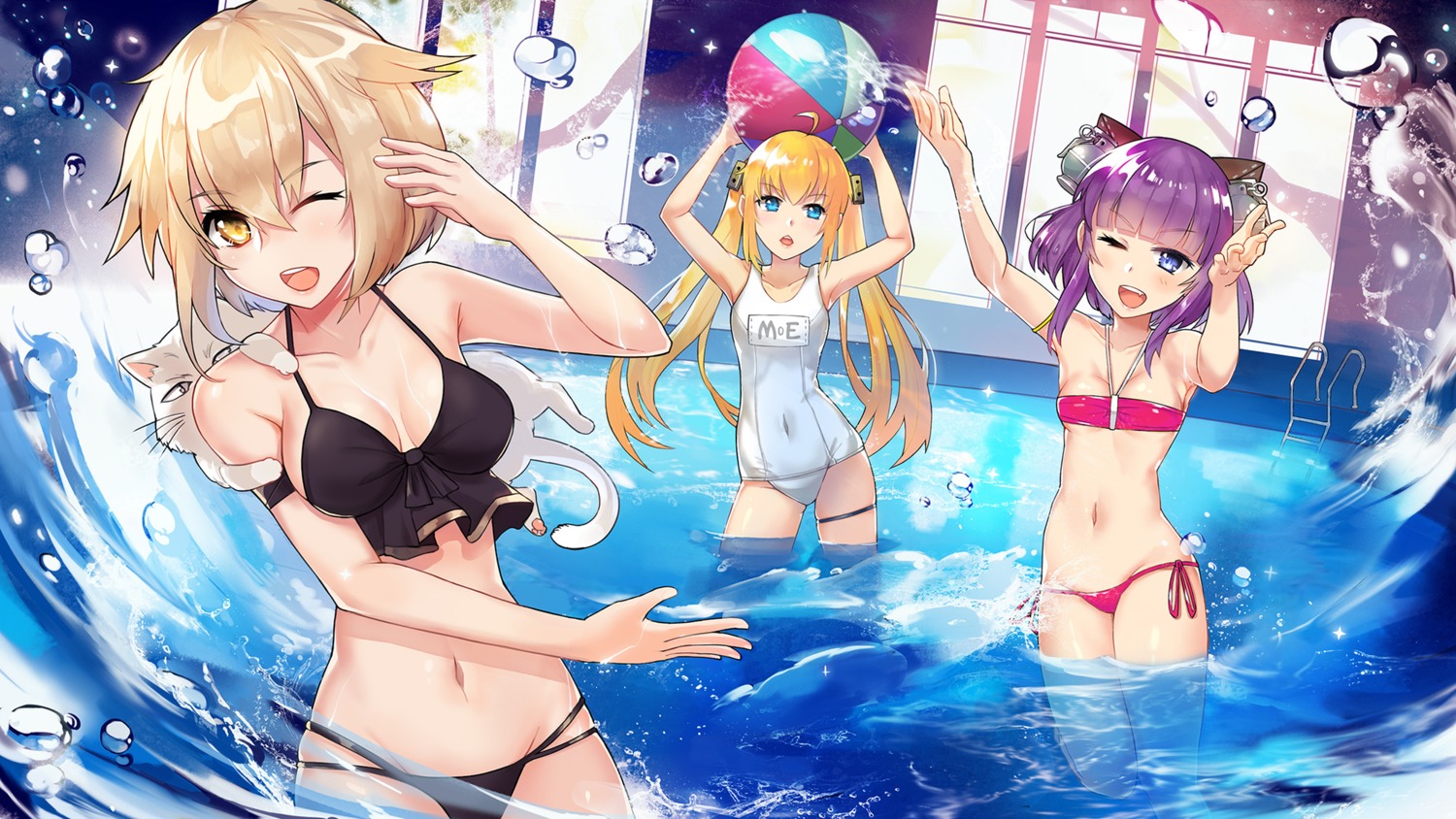 animal_ears, bikini, cleavage, garter, neko, school_swimsuit, swimsuits, tsubasa19900920
