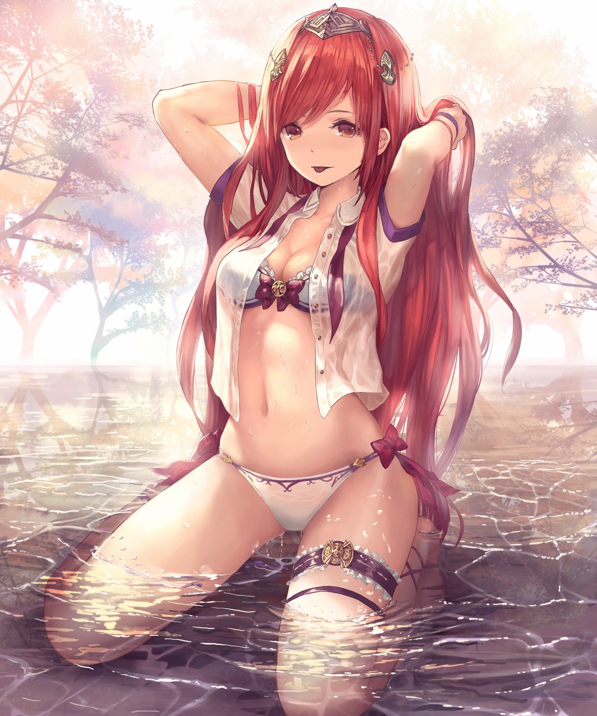 bikini, cleavage, garter, henriette_(shingeki_no_bahamut), open_shirt, see_through, shingeki_no_bahamut, swimsuits, tachikawa_mushimaro, wet, wet_clothes