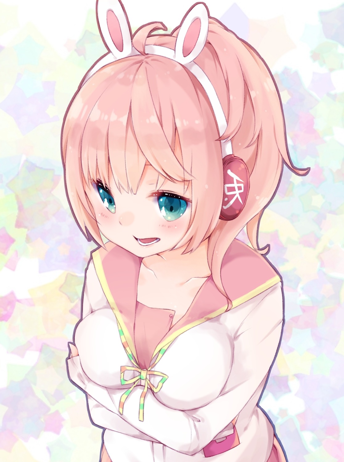 animal_ears, azuki_(krps-hano), breast_hold, bunny_ears, headphones, hinabita, meu_meu, seifuku