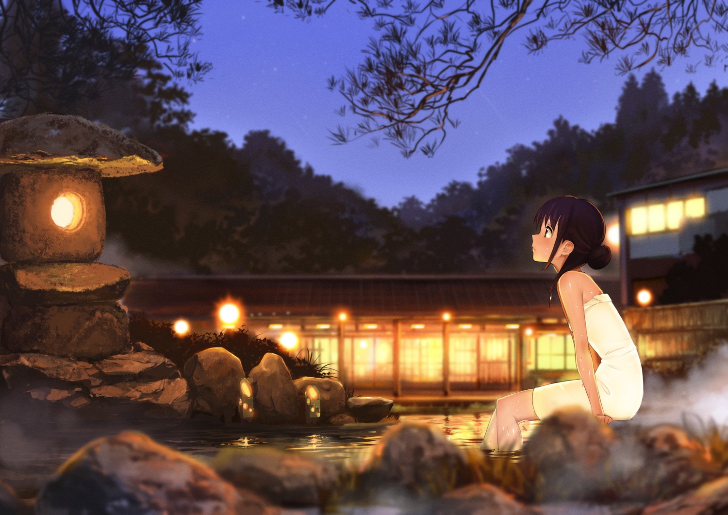 bathing, domo1220, landscape, onsen, towel, wet