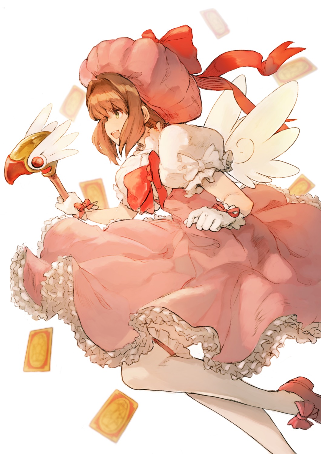 card_captor_sakura, dress, kinomoto_sakura, nuko-d, thighhighs, weapon, wings