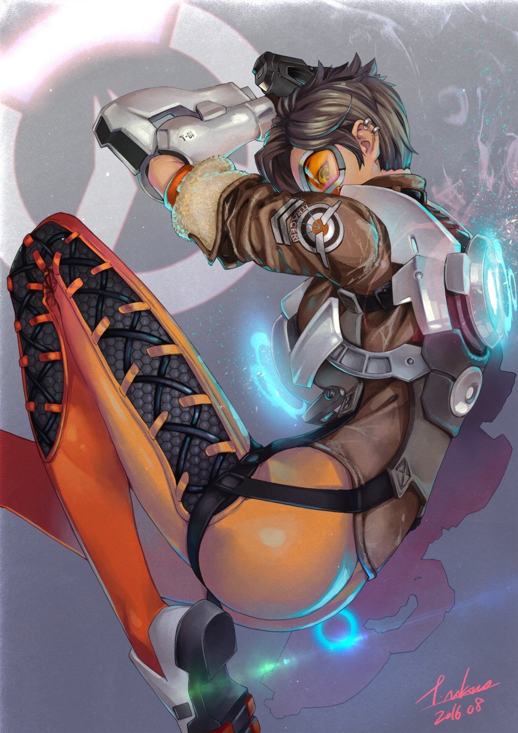 ass, bodysuit, gun, nakano_tomokazu, overwatch, tracer