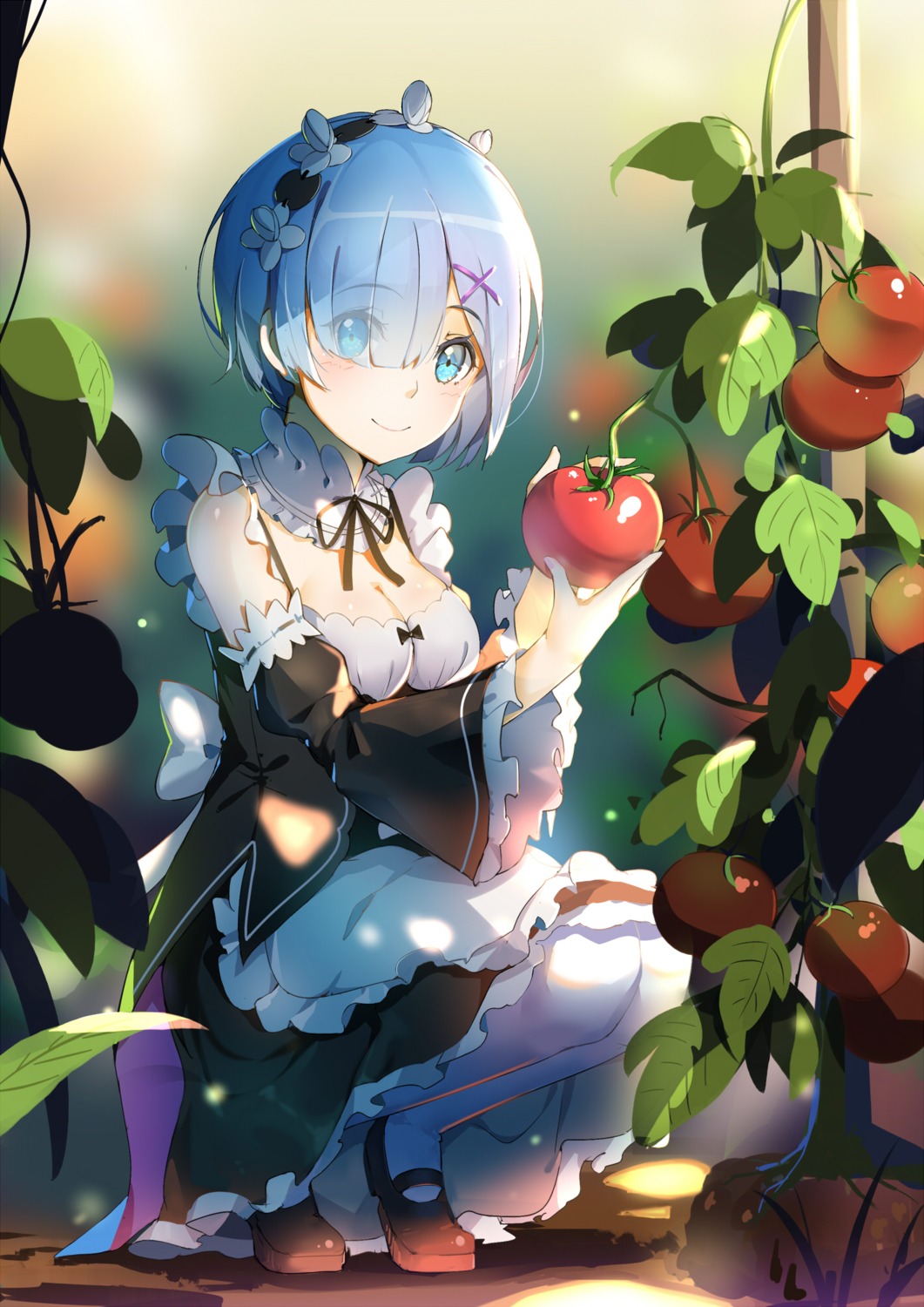 cleavage, lu", maid, re:zero_kara_hajimeru_isekai_seikatsu, rem_(re_zero), thighhighs