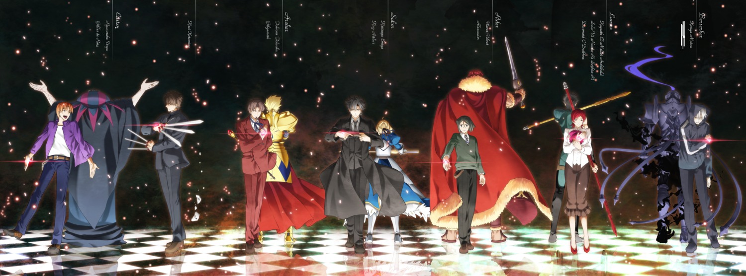 armor, artoria_pendragon_(fate), business_suit, diarmuid_ua_duibhne_(fate), dress, fate/stay_night, fate/zero, gilgamesh_(fate), gilles_de_rais_(fate), iskandar_(fate), kotomine_kirei, matou_kariya, sola-ui_nuada-re_sophia-ri, sword, waver_velvet, weapon, yun_(neo)