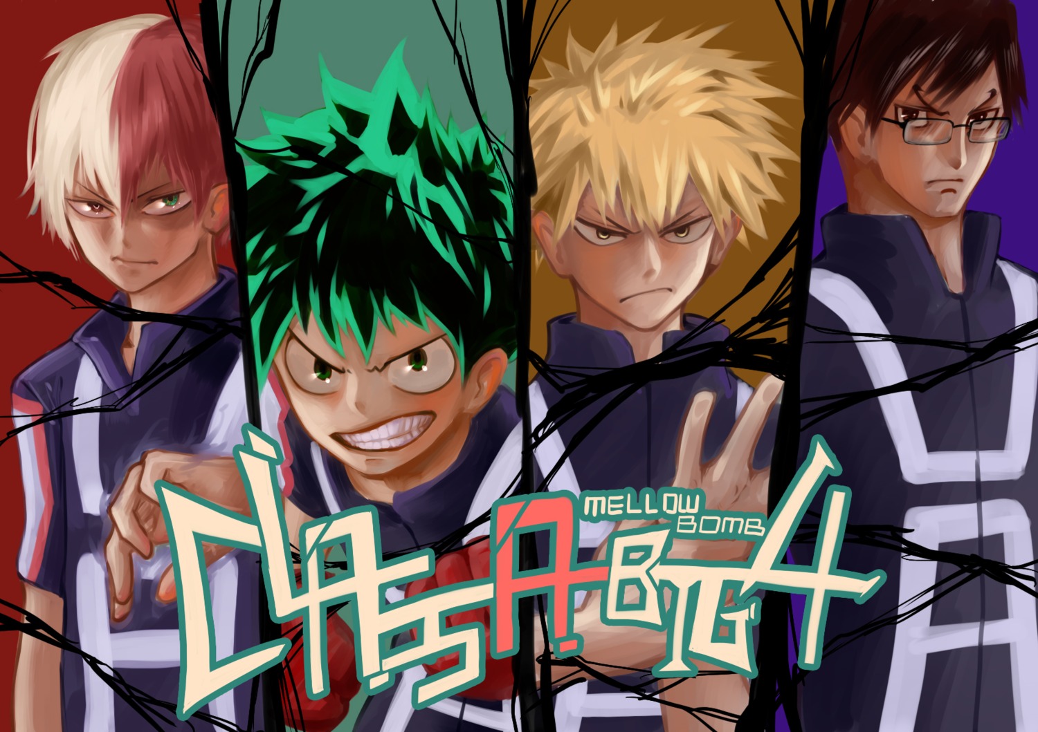 bakugou_katsuki, boku_no_hero_academia, gym_uniform, iida_tenya, male, megane, midoriya_izuku, mr.mojito