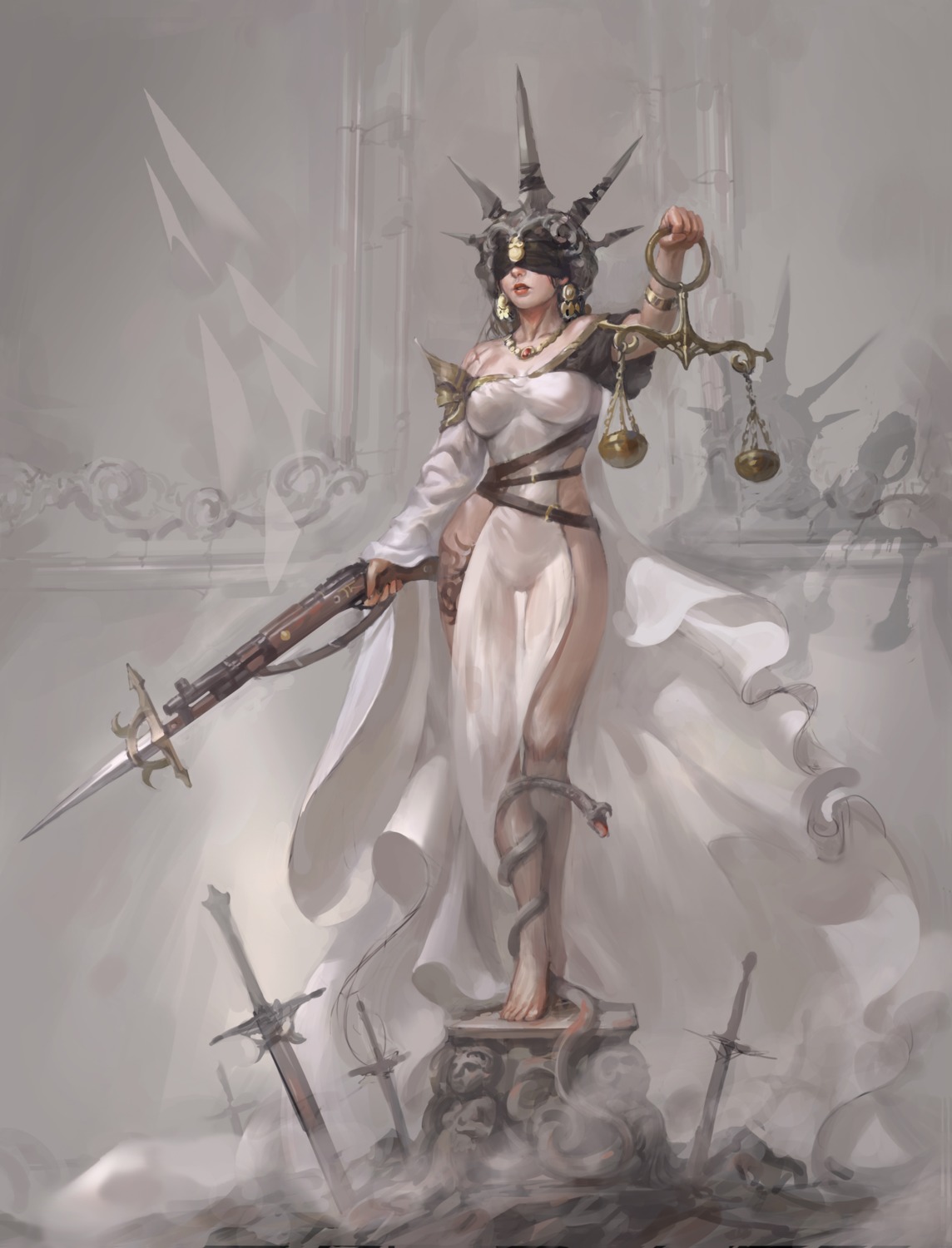 dress, gun, nopan, see_through, shaonav, sword, tattoo