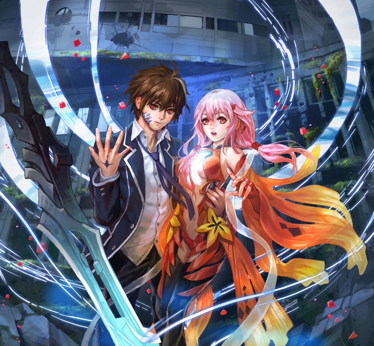 cleavage, guilty_crown, no_bra, ouma_shuu, seifuku, shaonav, sword, thighhighs