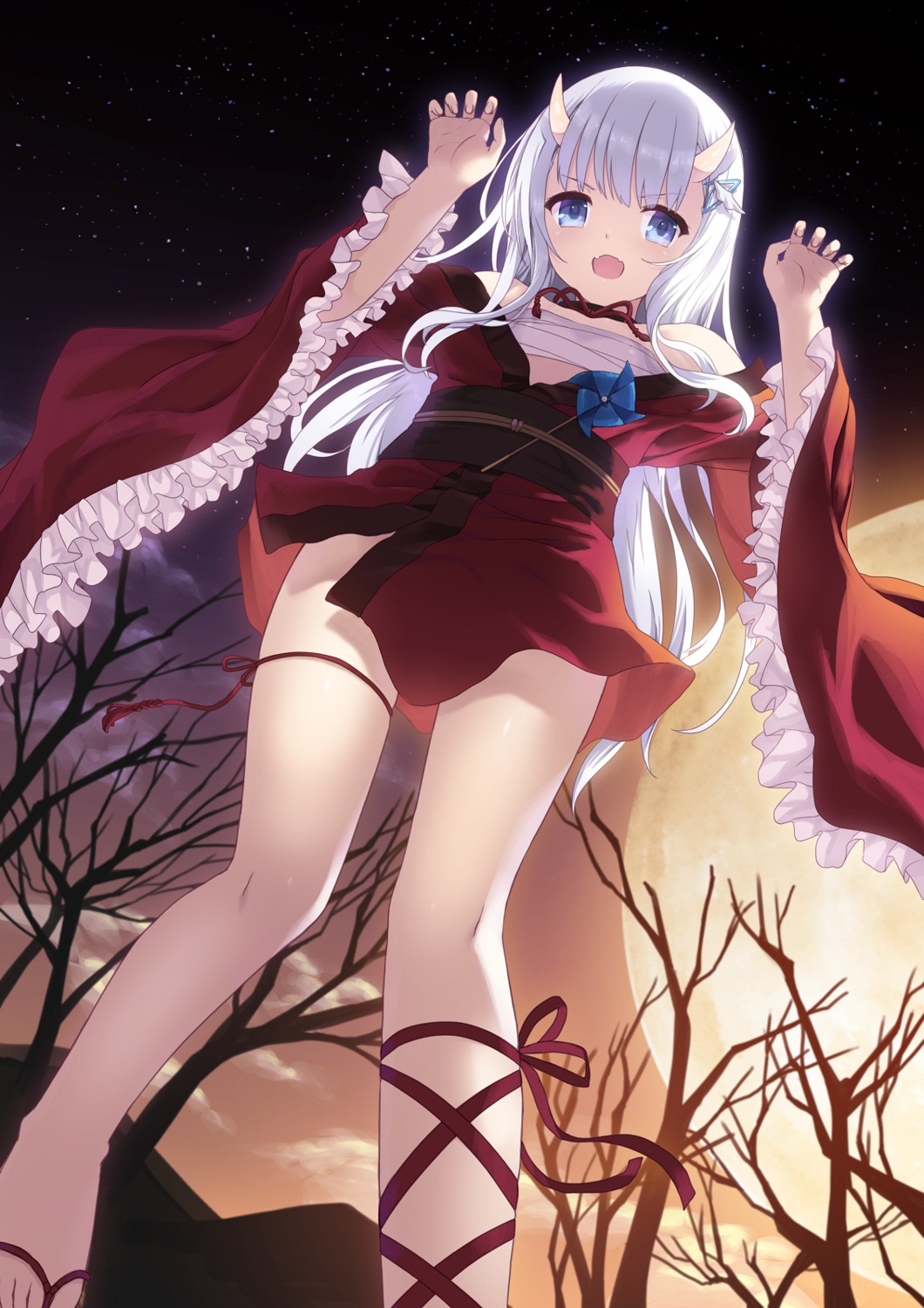 cait, garter, horns, japanese_clothes, kuuki_shoujo, open_shirt, sarashi, the_personification_of_atmosphere