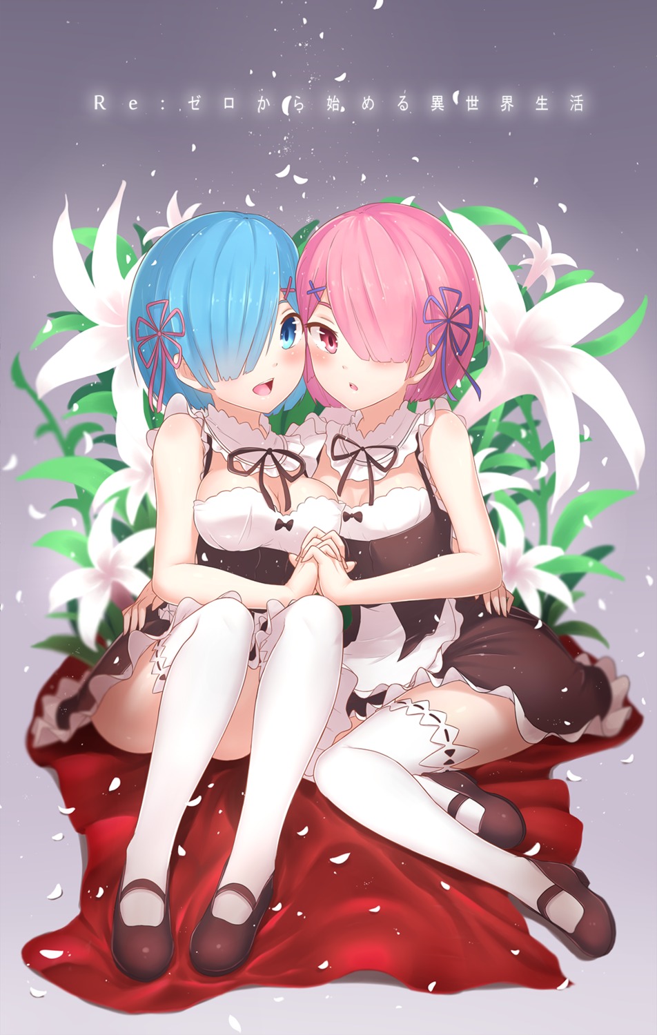 bu_li, cleavage, maid, ram_(re_zero), re:zero_kara_hajimeru_isekai_seikatsu, rem_(re_zero), thighhighs