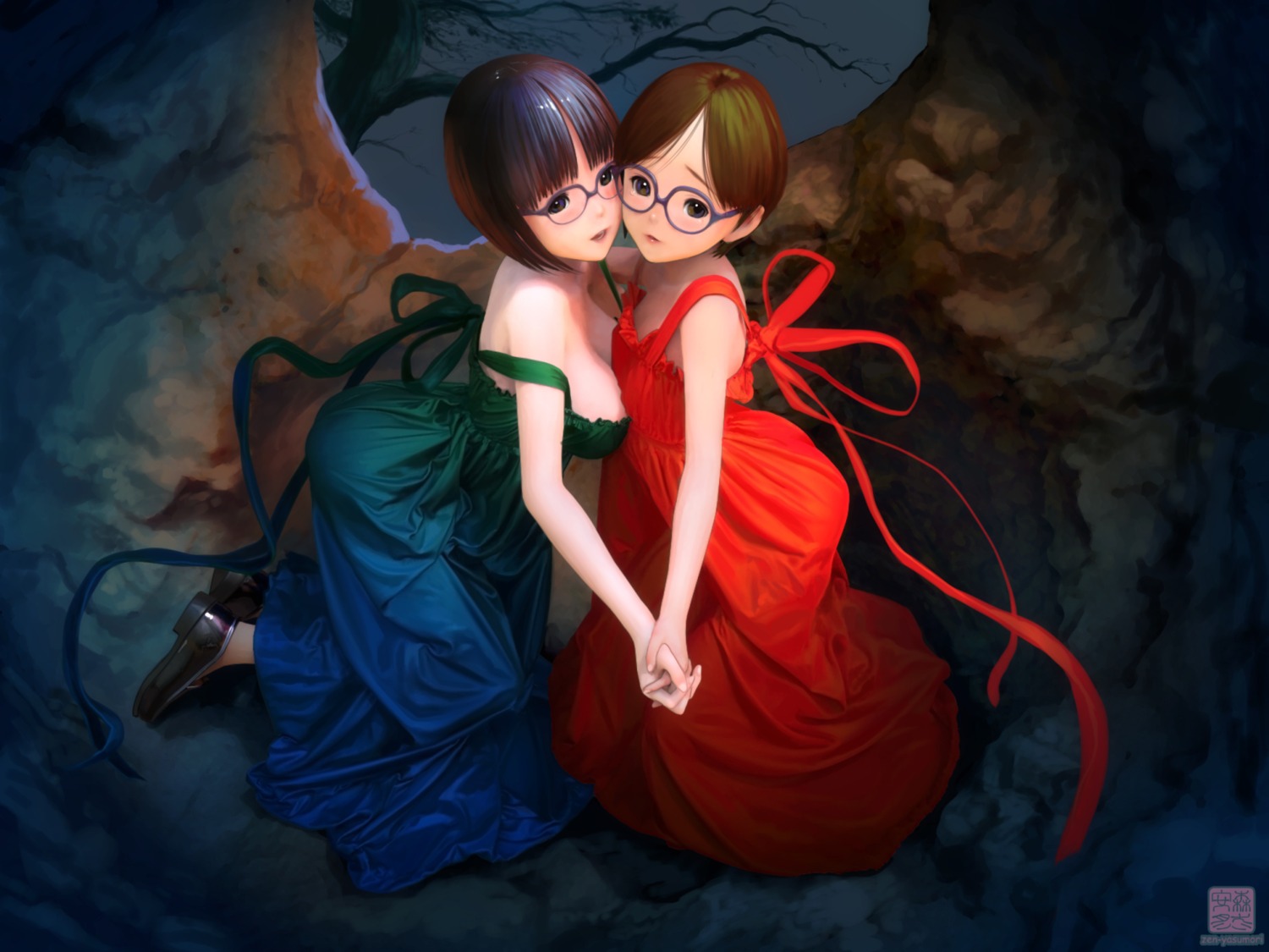 cleavage, dress, megane, no_bra, symmetrical_docking, yasumori_zen