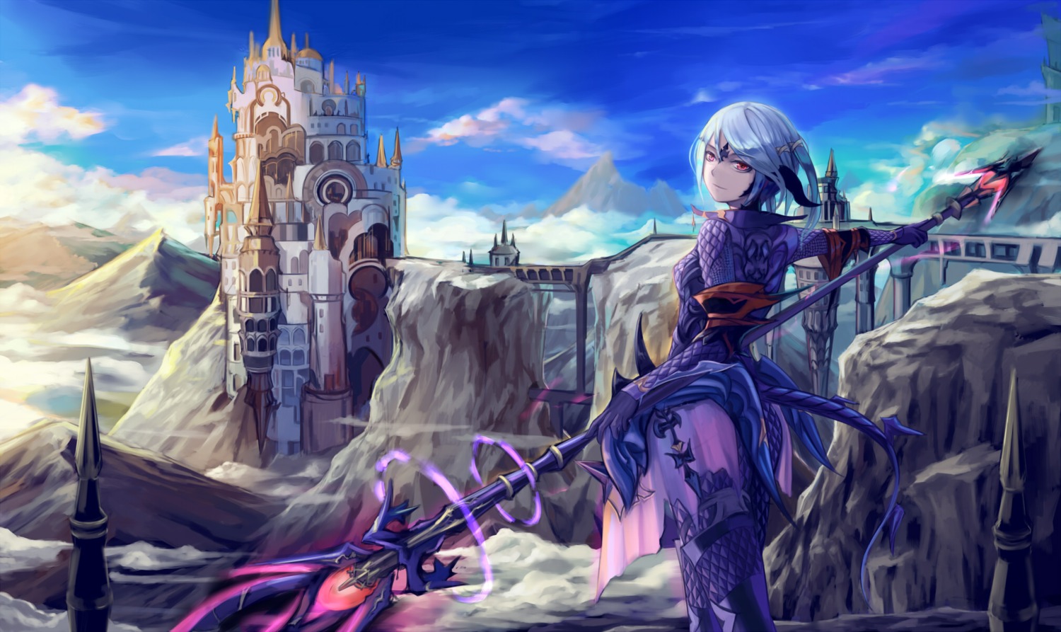 armor, final_fantasy, final_fantasy_xiv, landscape, natsumoka, tail, thighhighs, torn_clothes