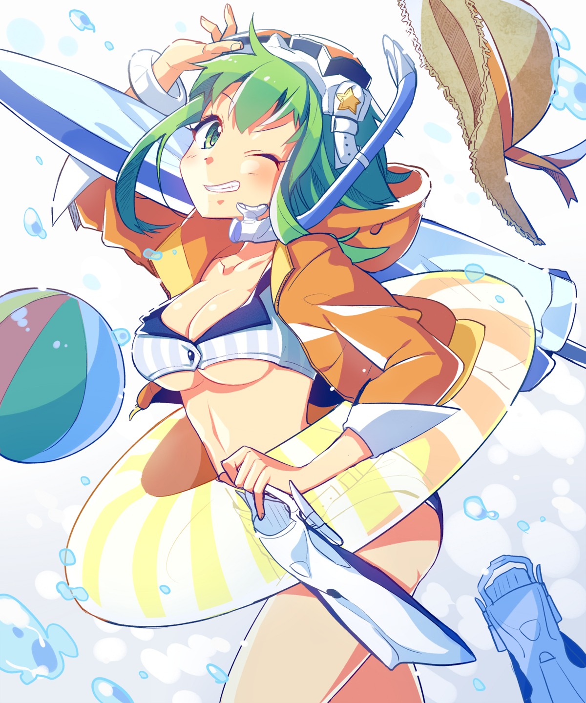 bikini, cleavage, gumi, nou, open_shirt, swimsuits, underboob, vocaloid