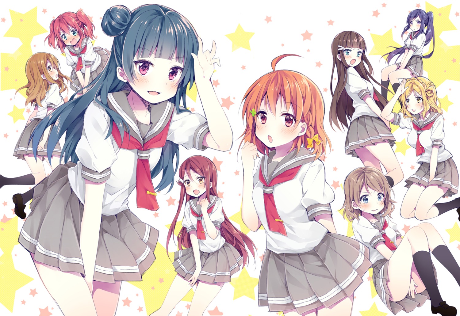 kunikida_hanamaru, kurosawa_dia, kurosawa_ruby, love_live!_(series), love_live!_sunshine!!, matsusaka_gyuu, matsuura_kanan, ohara_mari, sakurauchi_riko, seifuku, takami_chika, tsushima_yoshiko, watanabe_you