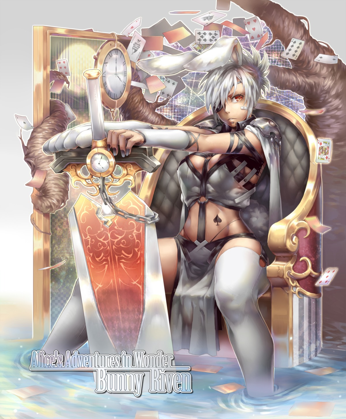 animal_ears, bandaid, bunny_ears, cleavage, eyepatch, league_of_legends, riven_(league_of_legends), sword
