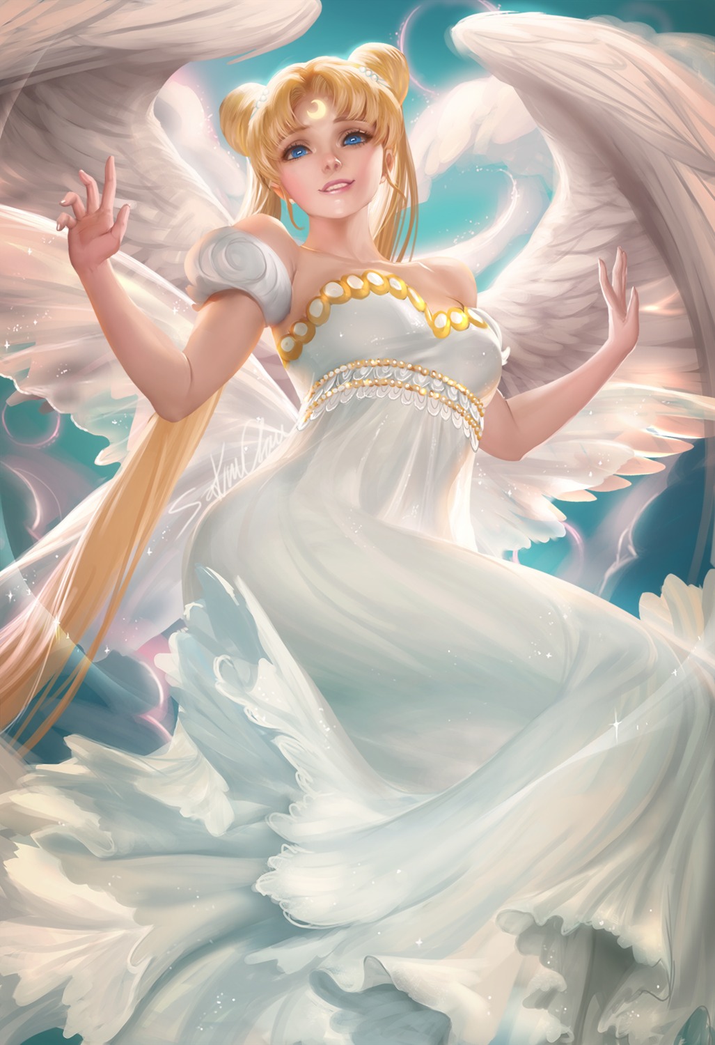 bishoujo_senshi_sailor_moon, cleavage, dress, princess_serenity, sakimichan, wings