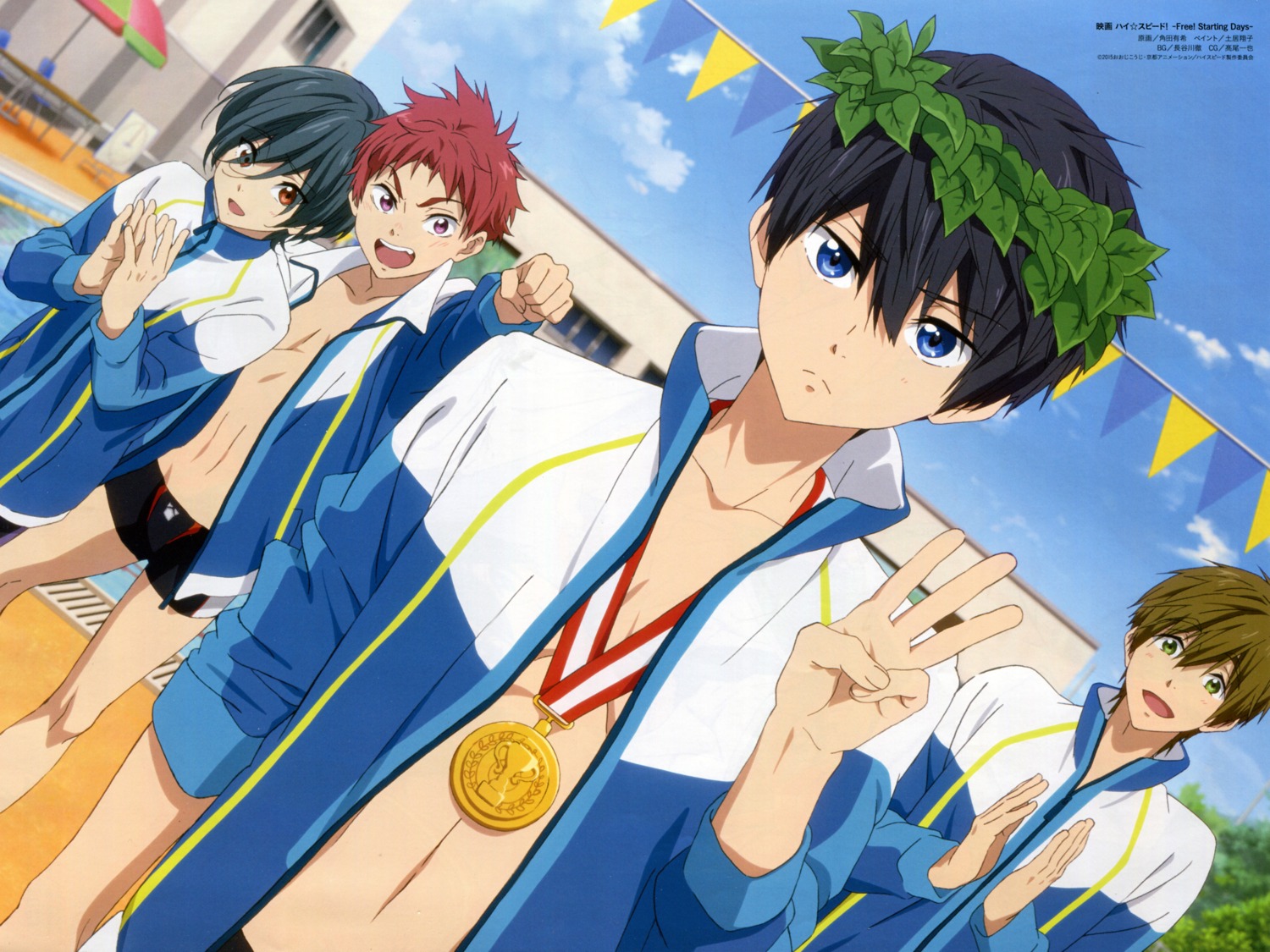 free!, high_speed!, kirishima_ikuya, male, nanase_haruka, shiina_asahi, swimsuits, tachibana_makoto