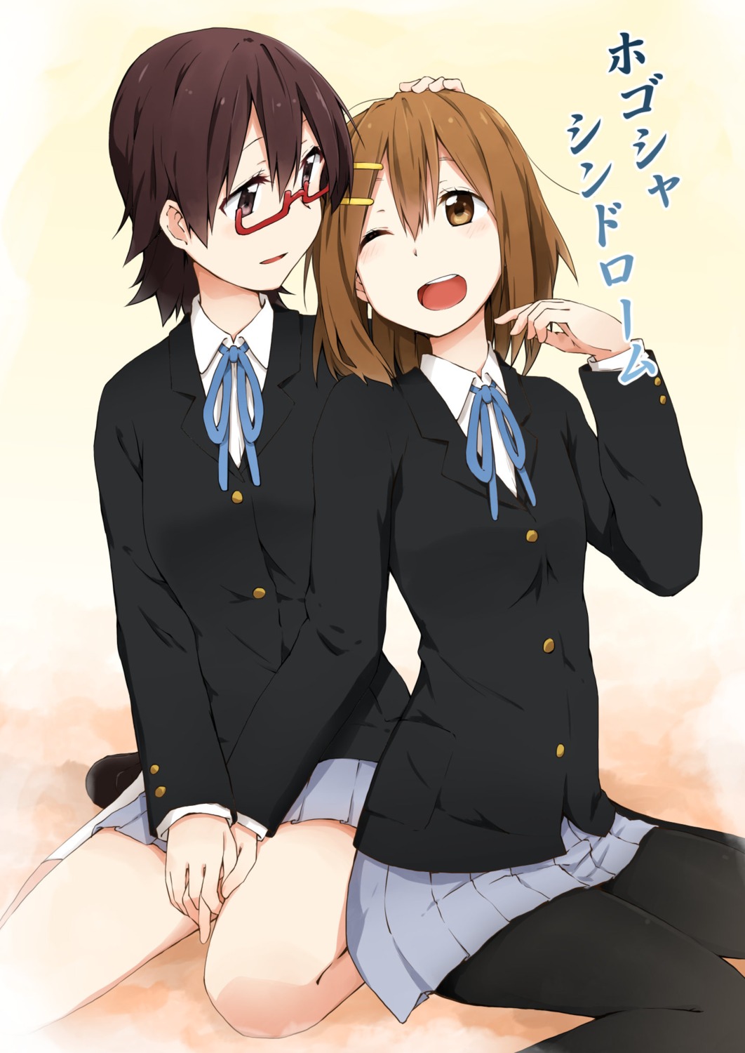 hirasawa_yui, k-on!, kagiana, manabe_nodoka, megane, pantyhose, seifuku
