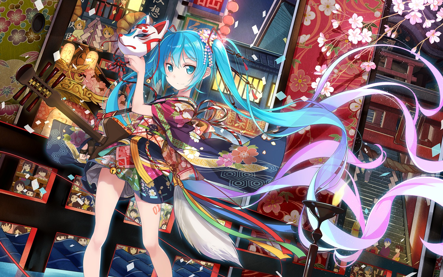 beek, guitar, hatsune_miku, japanese_clothes, kagamine_len, kagamine_rin, vocaloid