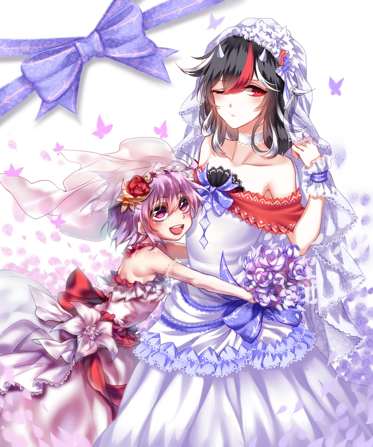 dress, horns, kijin_seija, sheya, sukuna_shinmyoumaru, touhou, wedding_dress