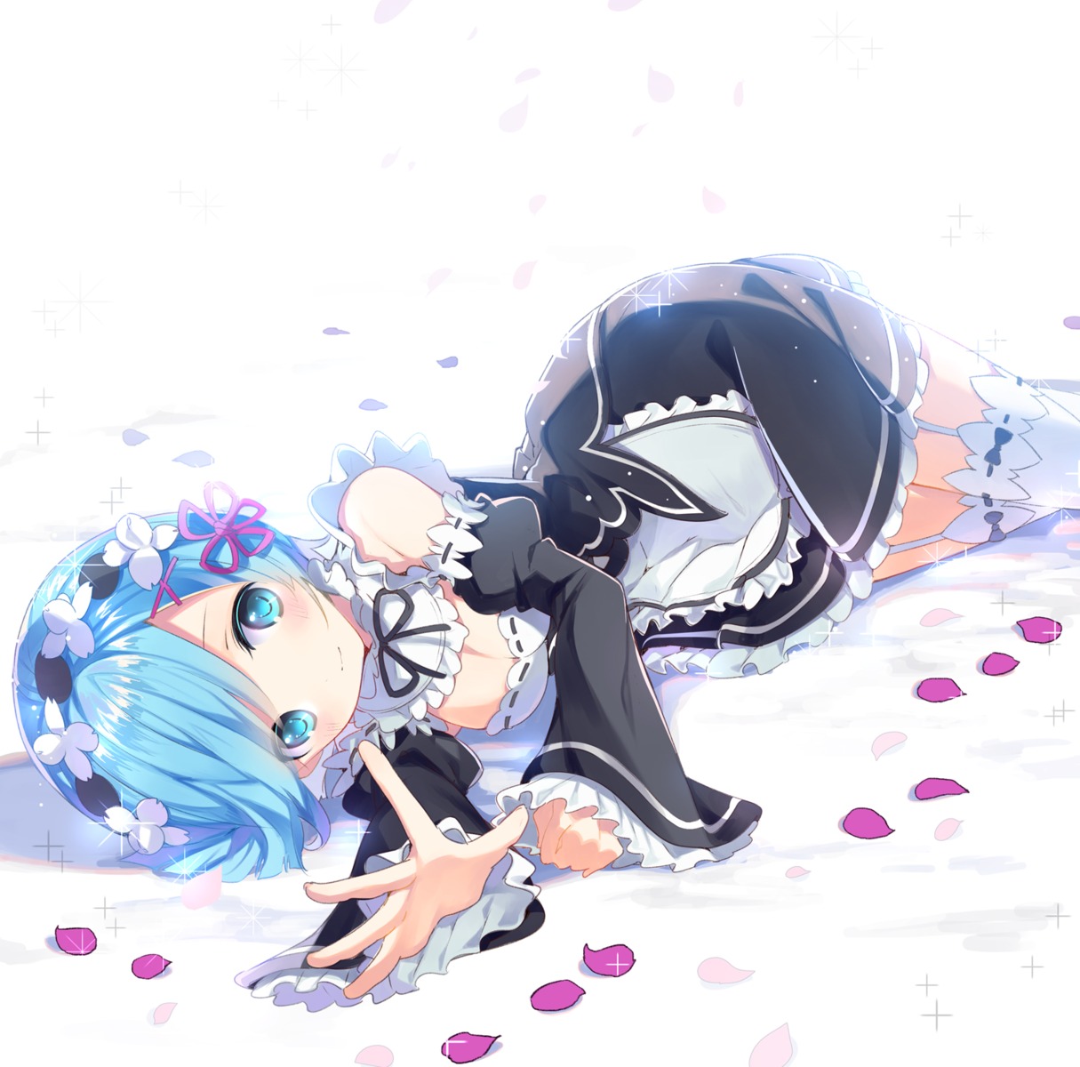 cleavage, maid, re:zero_kara_hajimeru_isekai_seikatsu, rem_(re_zero), rugo, stockings, thighhighs