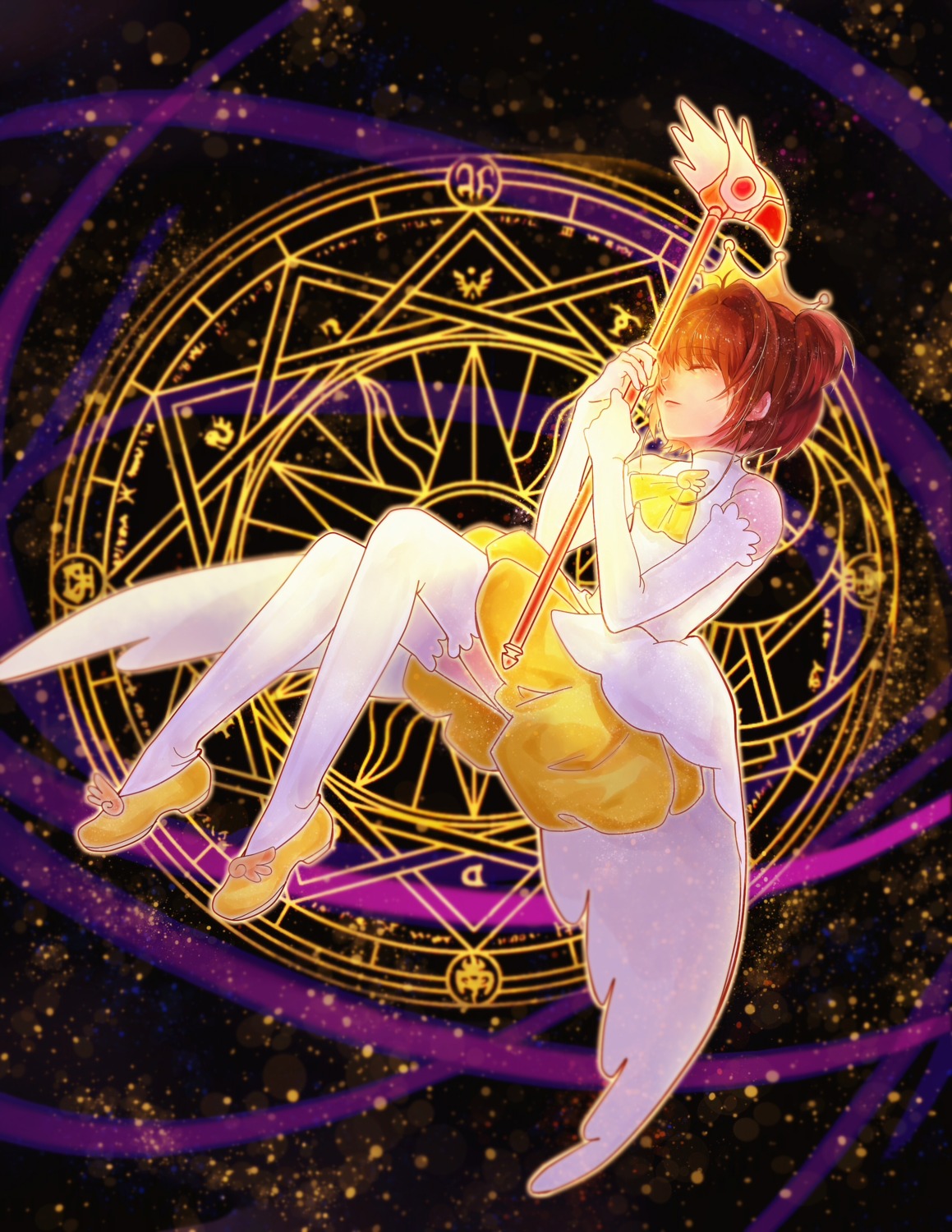 card_captor_sakura, dress, kinomoto_sakura, kuri_kinoko, thighhighs, weapon