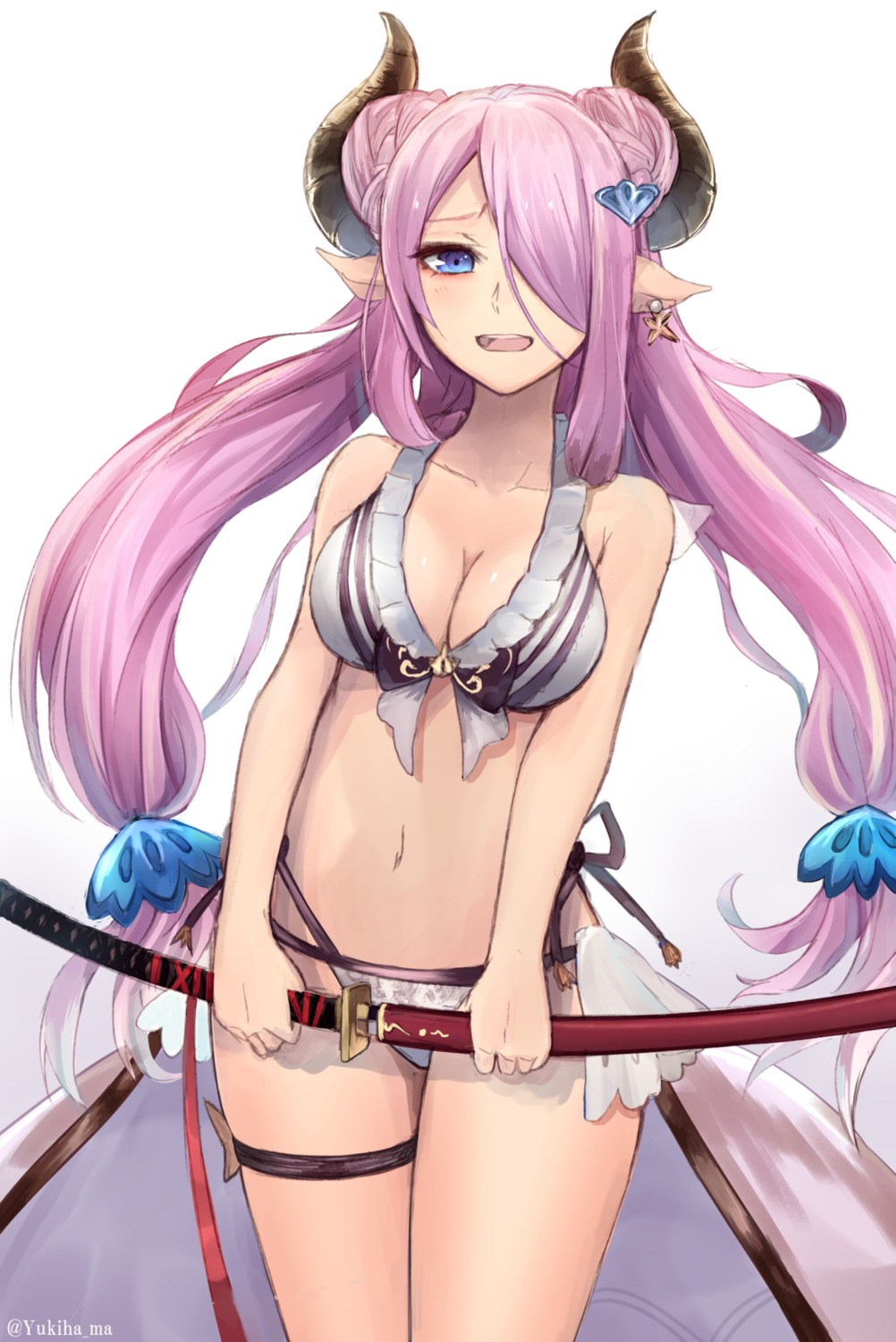 bikini, cleavage, garter, granblue_fantasy, horns, narumeia_(granblue_fantasy), pointy_ears, swimsuits, sword, yukihama