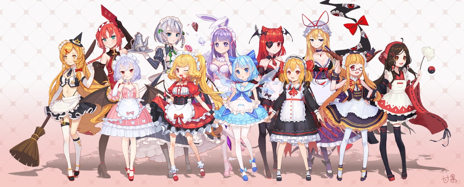 animal_ears, bunny_ears, cirno, cleavage, dress, eyepatch, flandre_scarlet, hakurei_reimu, heels, hong_meiling, ibuki_suika, izayoi_sakuya, kirisame_marisa, koakuma, maid, megane, mio-muo1206, pantyhose, patchouli_knowledge, remilia_scarlet, rumia, thighhighs, touhou, wings, witch, yakumo_yukari