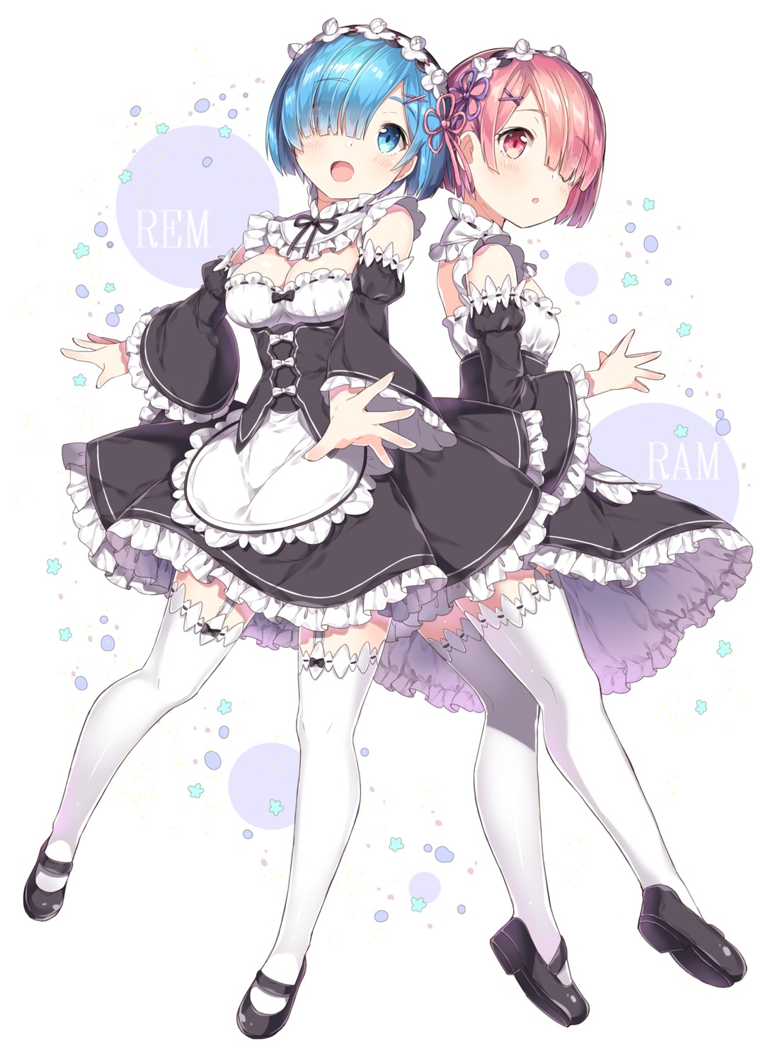 chitetan, cleavage, maid, ram_(re_zero), re:zero_kara_hajimeru_isekai_seikatsu, rem_(re_zero), stockings, thighhighs