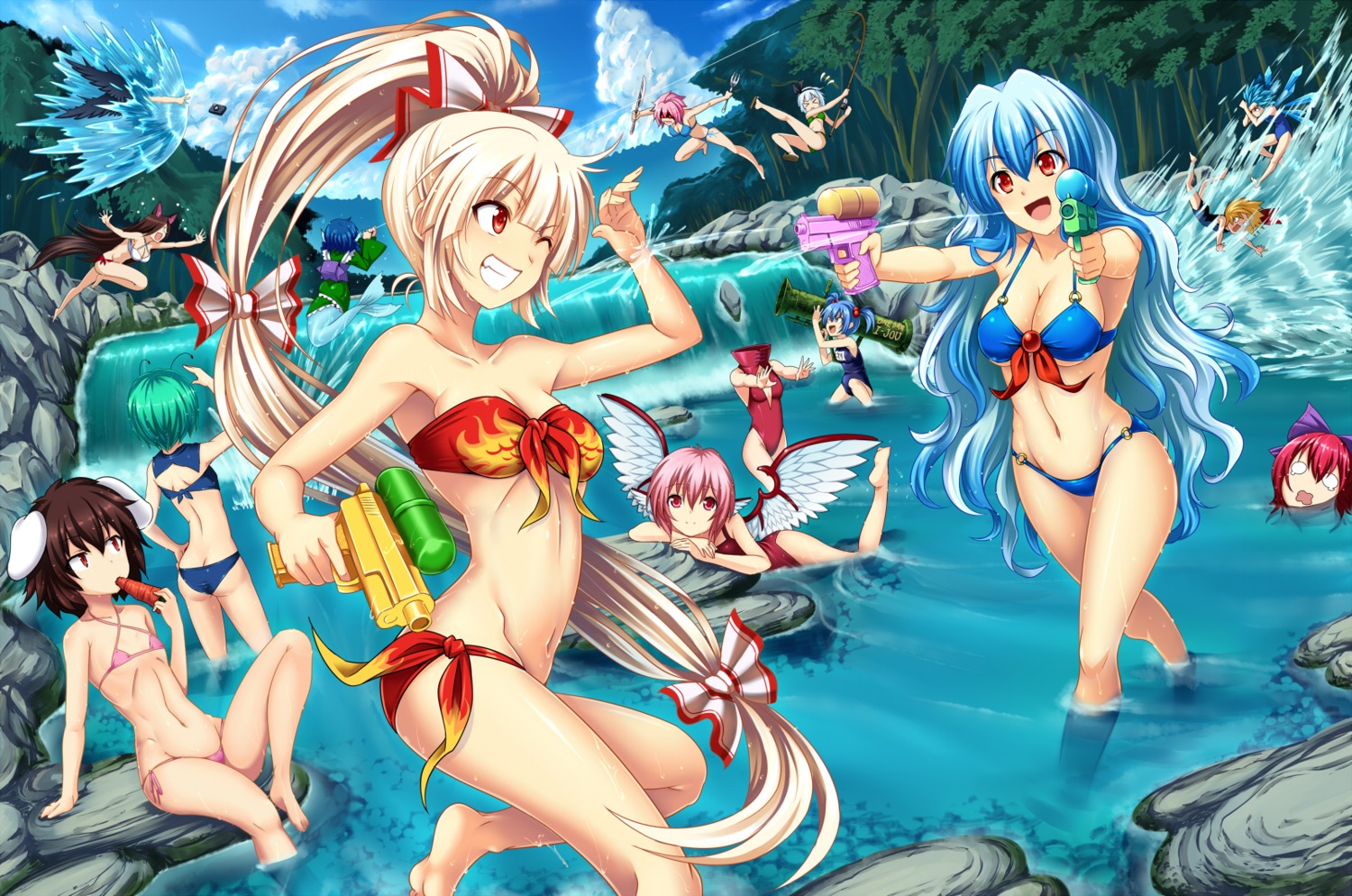 animal_ears, bikini, cirno, cleavage, fujiwara_no_mokou, gun, hijikawa_arashi, imaizumi_kagerou