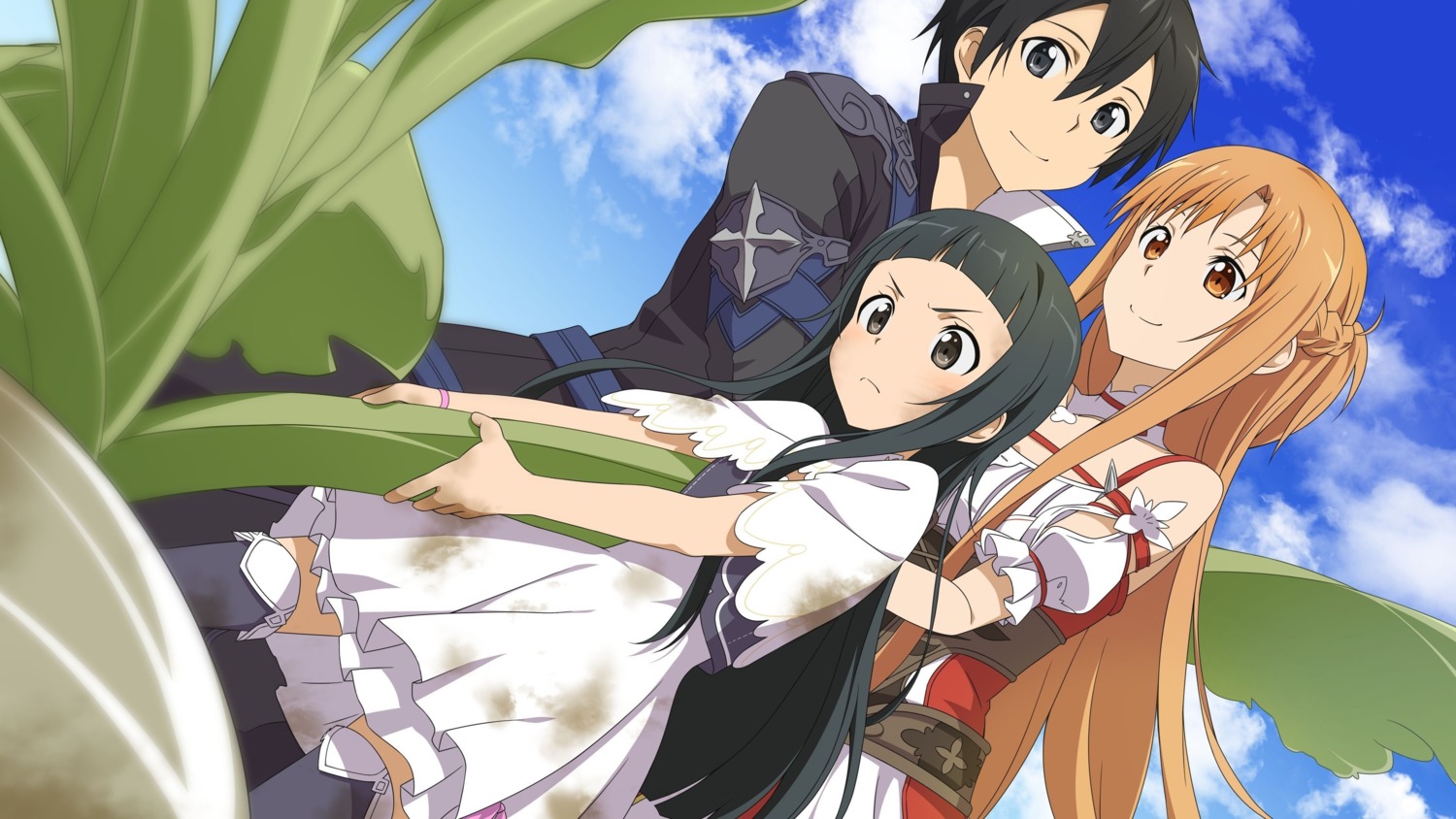 asuna_(sword_art_online), dress, kirito, sword_art_online, sword_art_online_hollow_realization, thighhighs, yui_(sword_art_online)