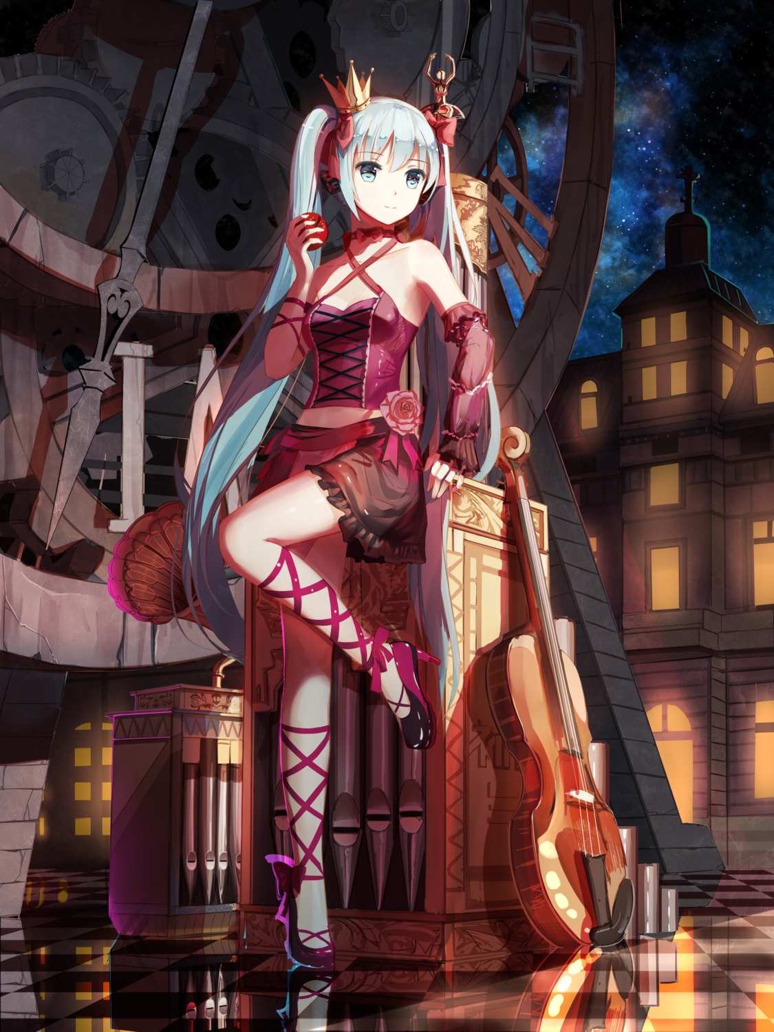 cleavage, hatsune_miku, headphones, heels, red_flowers, vocaloid