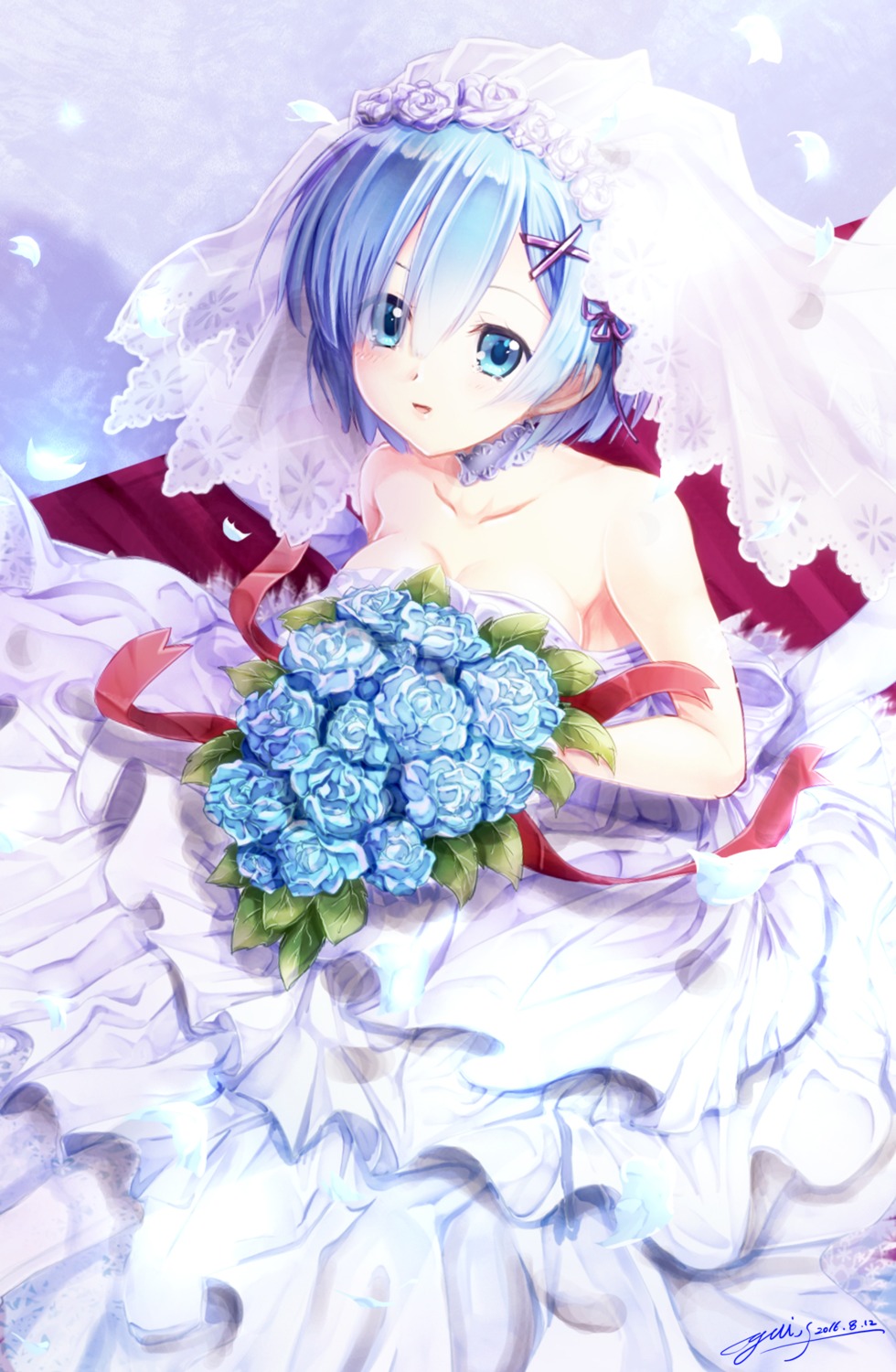 cleavage, dress, re:zero_kara_hajimeru_isekai_seikatsu, rem_(re_zero), wedding_dress, yuitsuki1206